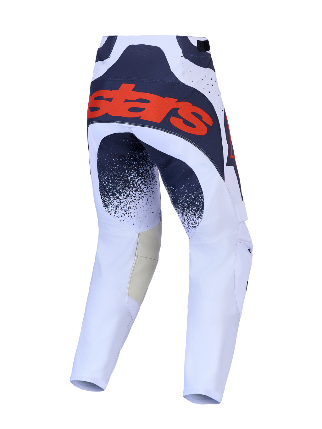 Alpinestars Techstar Swan byxor, motocrossbyxor i ljuslila och mörkgrå, vy bakifrån med röd logotyp och stretchpaneler.