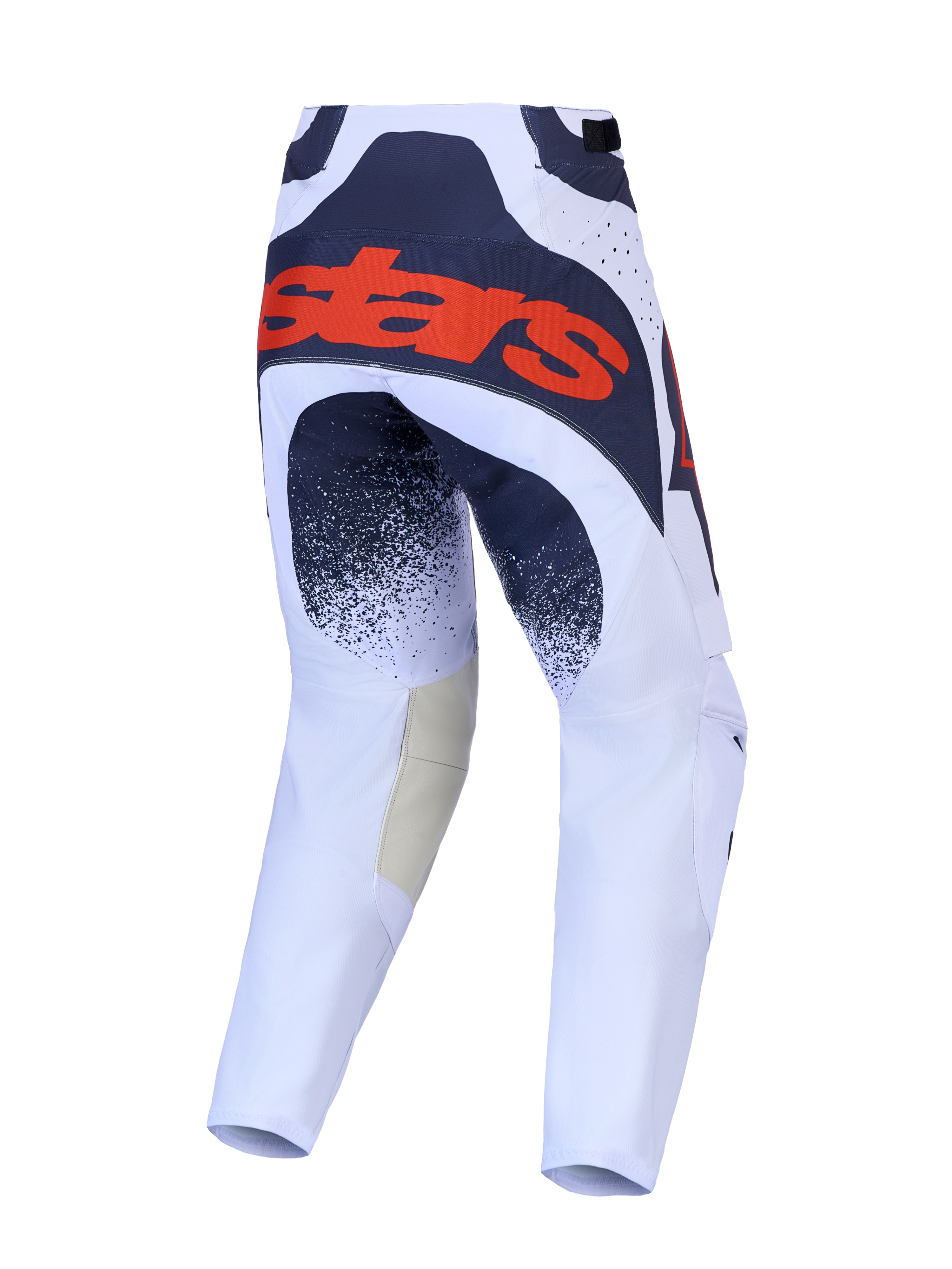 Alpinestars Techstar Swan byxor, motocrossbyxor i ljuslila och mörkgrå, vy bakifrån med röd logotyp och stretchpaneler.