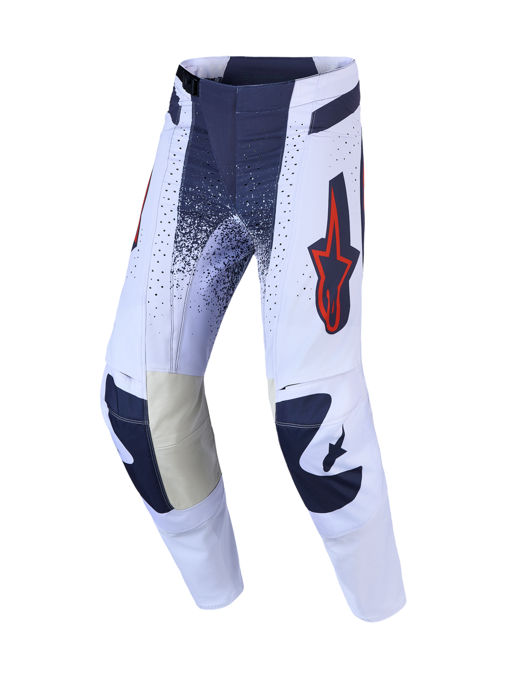 Alpinestars Techstar Swan motocrossbyxor, ljuslila och mörkgrå med röda fluo-detaljer och läderförstärkta innerknän