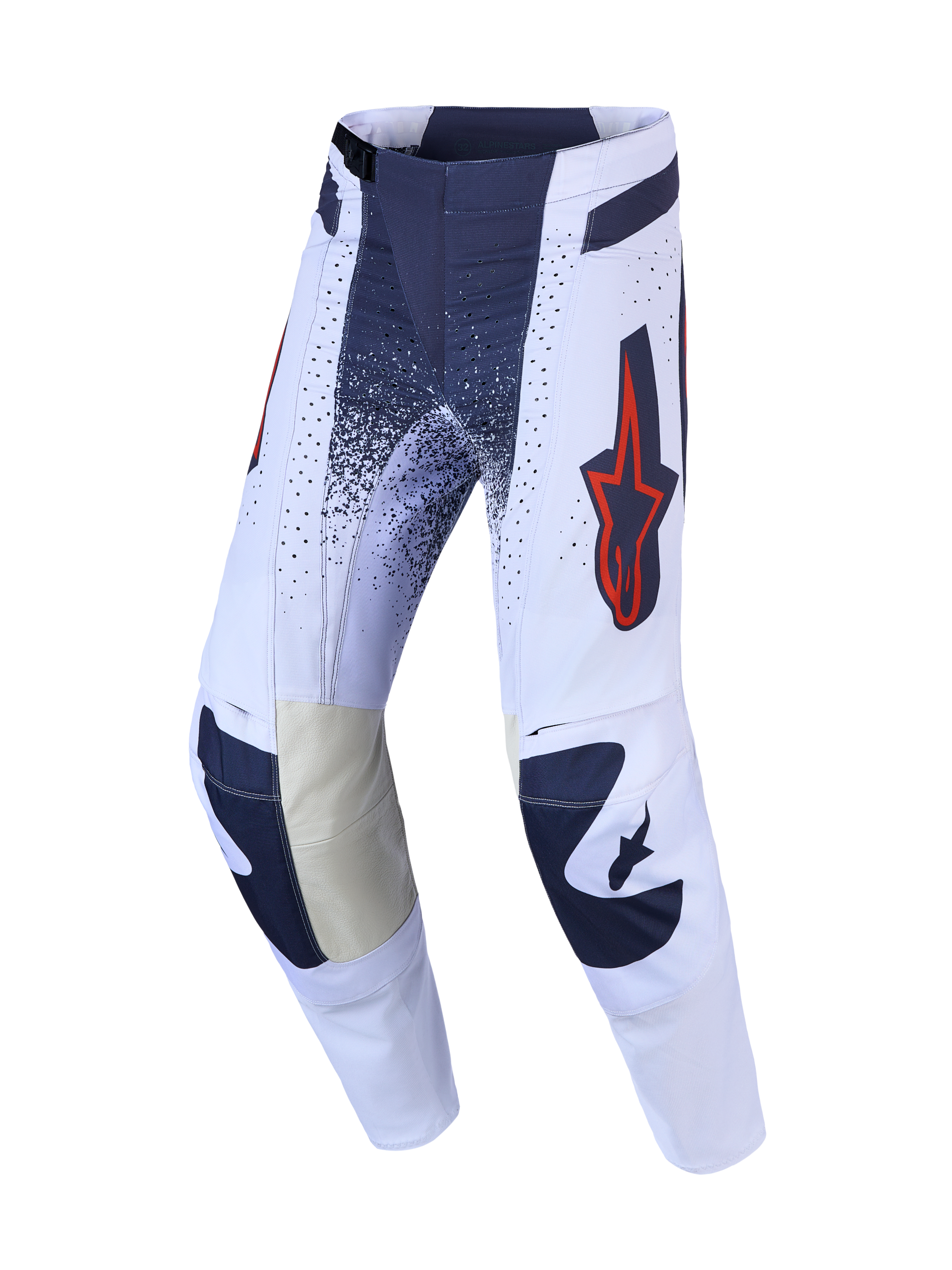 Alpinestars Techstar Swan motocrossbyxor, ljuslila och mörkgrå med röda fluo-detaljer och läderförstärkta innerknän