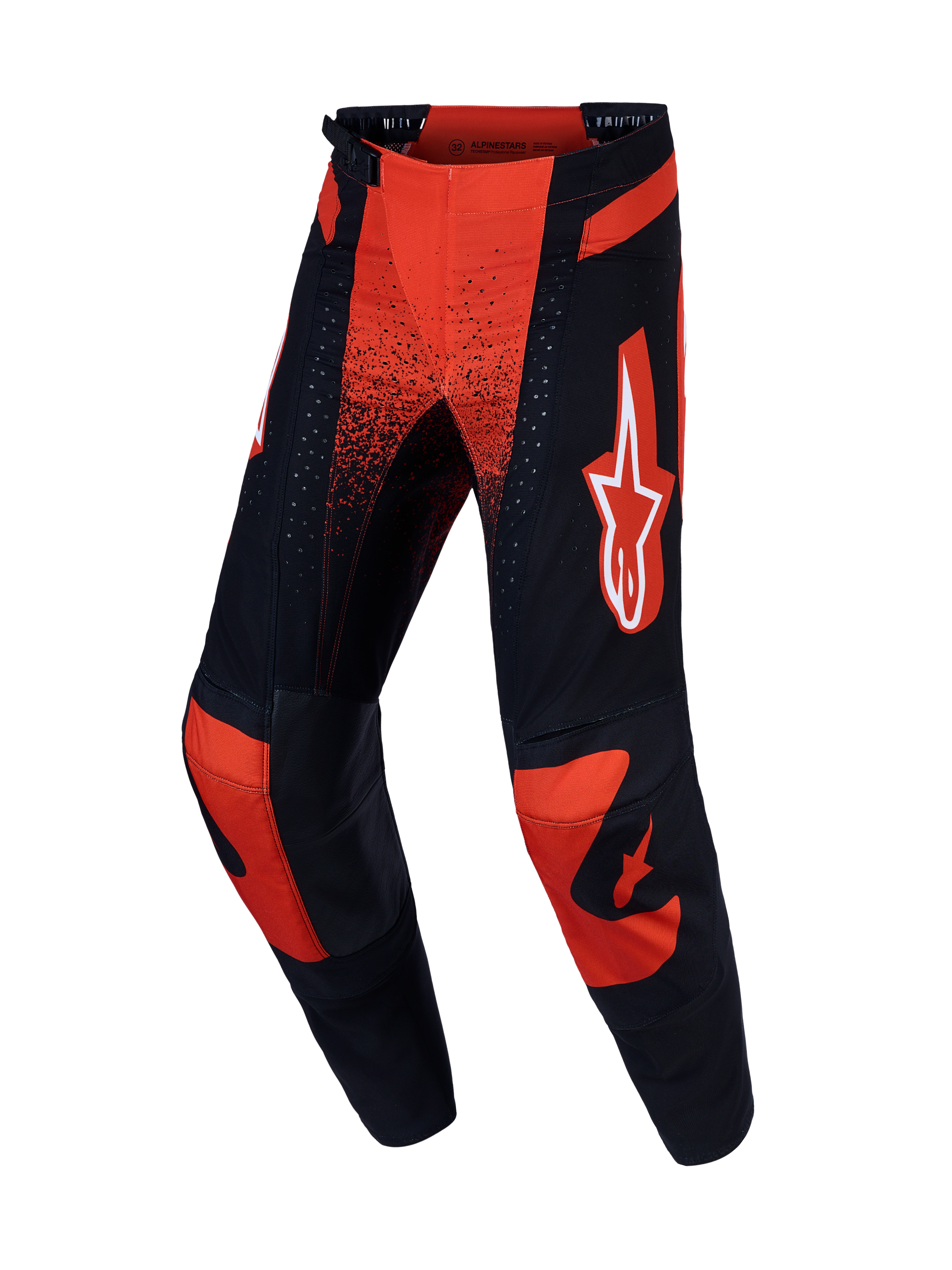 Alpinestars Techstar Swan byxor, röda och svarta motocrossbyxor med läderknän och stretchchassi för terrängkörning.