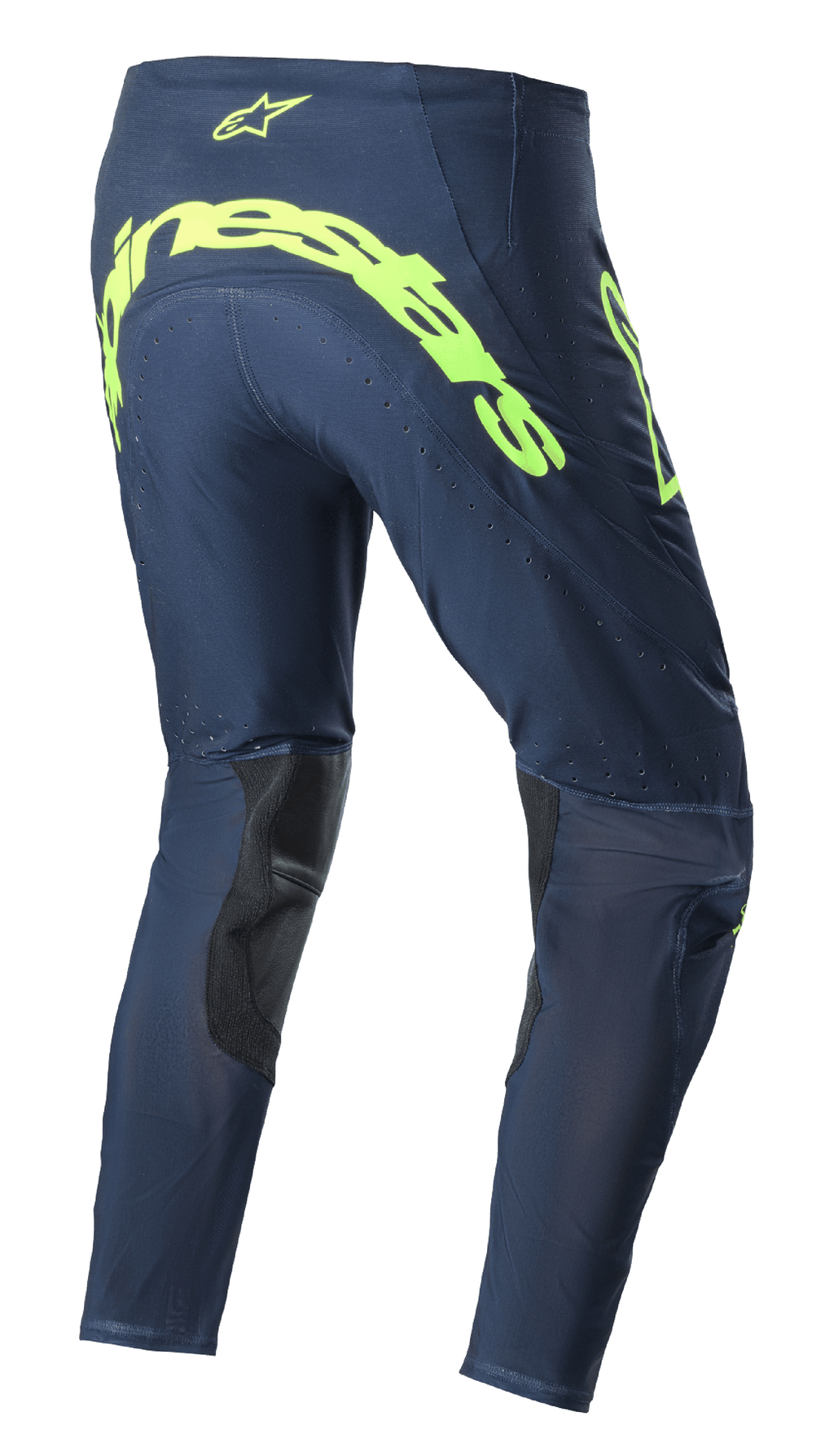 Alpinestars 2023 Supertech Bruin Pants, Motocross Pants, Night Navy and Yellow Fluo, rear view featuring large fluorescent yellow Alpinestars branding across the seat, perforated ventilation zones, and black inner-leg reinforcements.