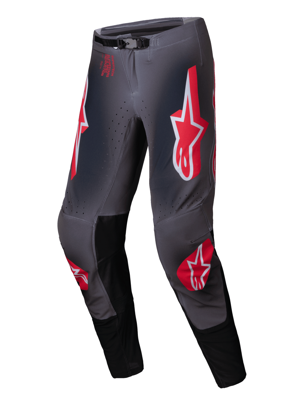 Alpinestars 2025 Supertech Lipan byxor, motocross-byxor för herrar, gråa och röda med stretch ripstop-material och läderknäpaneler