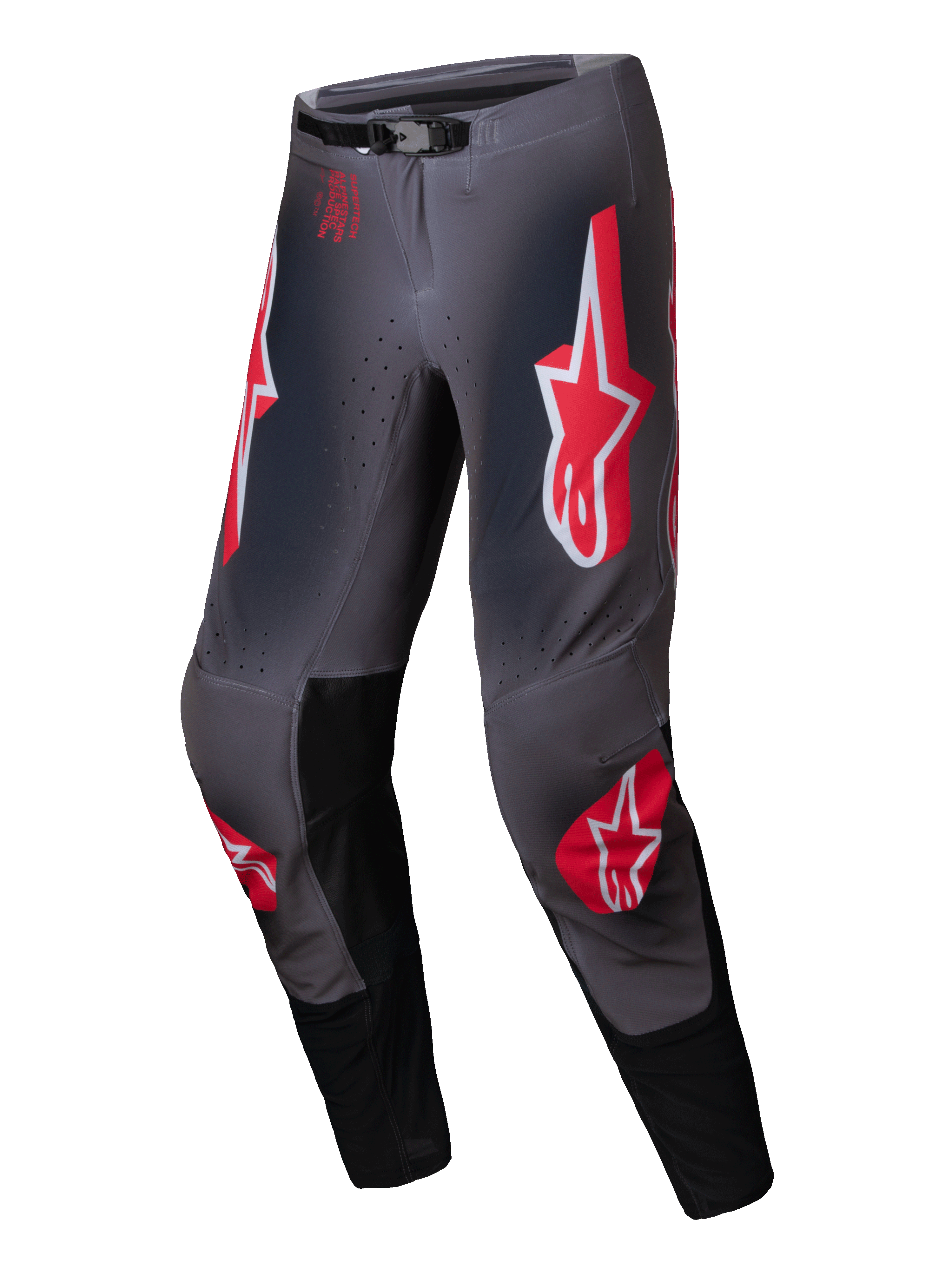 Alpinestars 2025 Supertech Lipan byxor, motocross-byxor för herrar, gråa och röda med stretch ripstop-material och läderknäpaneler