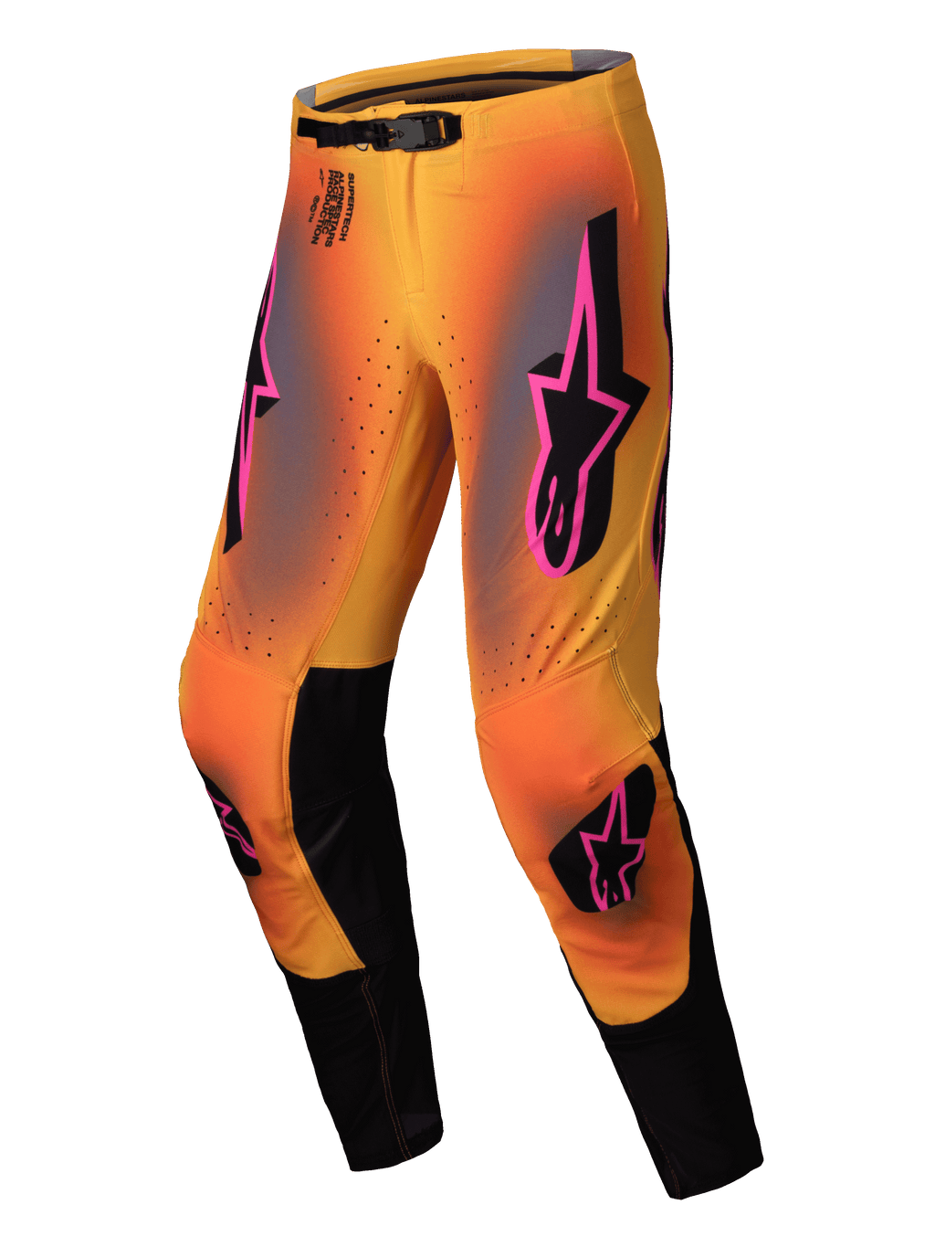 Alpinestars 2025 Supertech Lipan byxor, motocrossbyxor för herrar i gult och rosa med svarta detaljer, stretch-ripstopdesign och getläder på knäpanelerna