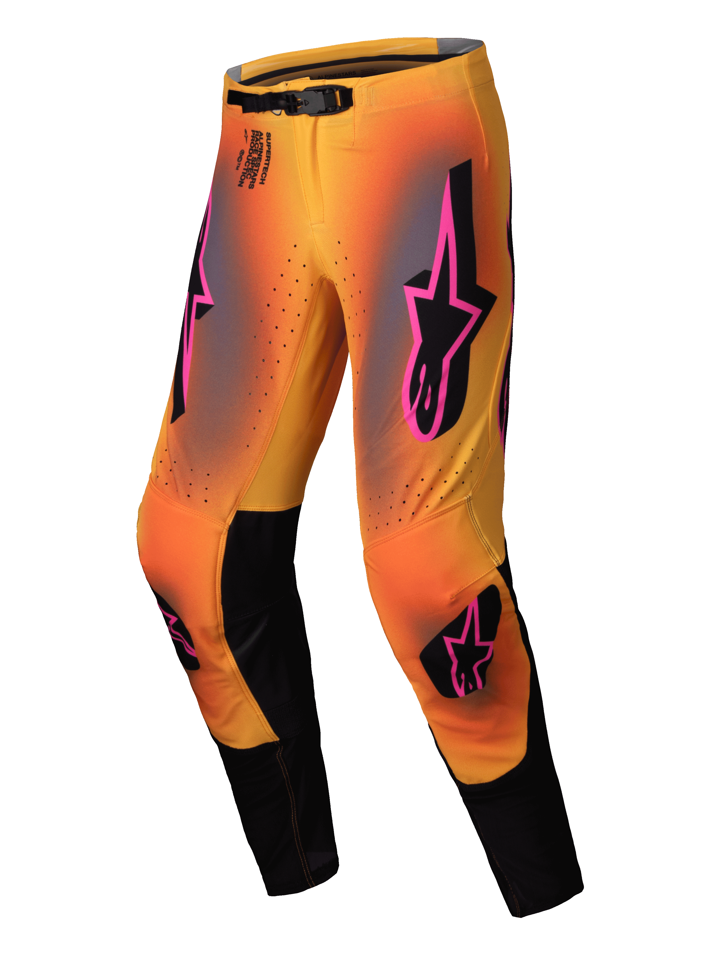 Alpinestars 2025 Supertech Lipan byxor, motocrossbyxor för herrar i gult och rosa med svarta detaljer, stretch-ripstopdesign och getläder på knäpanelerna