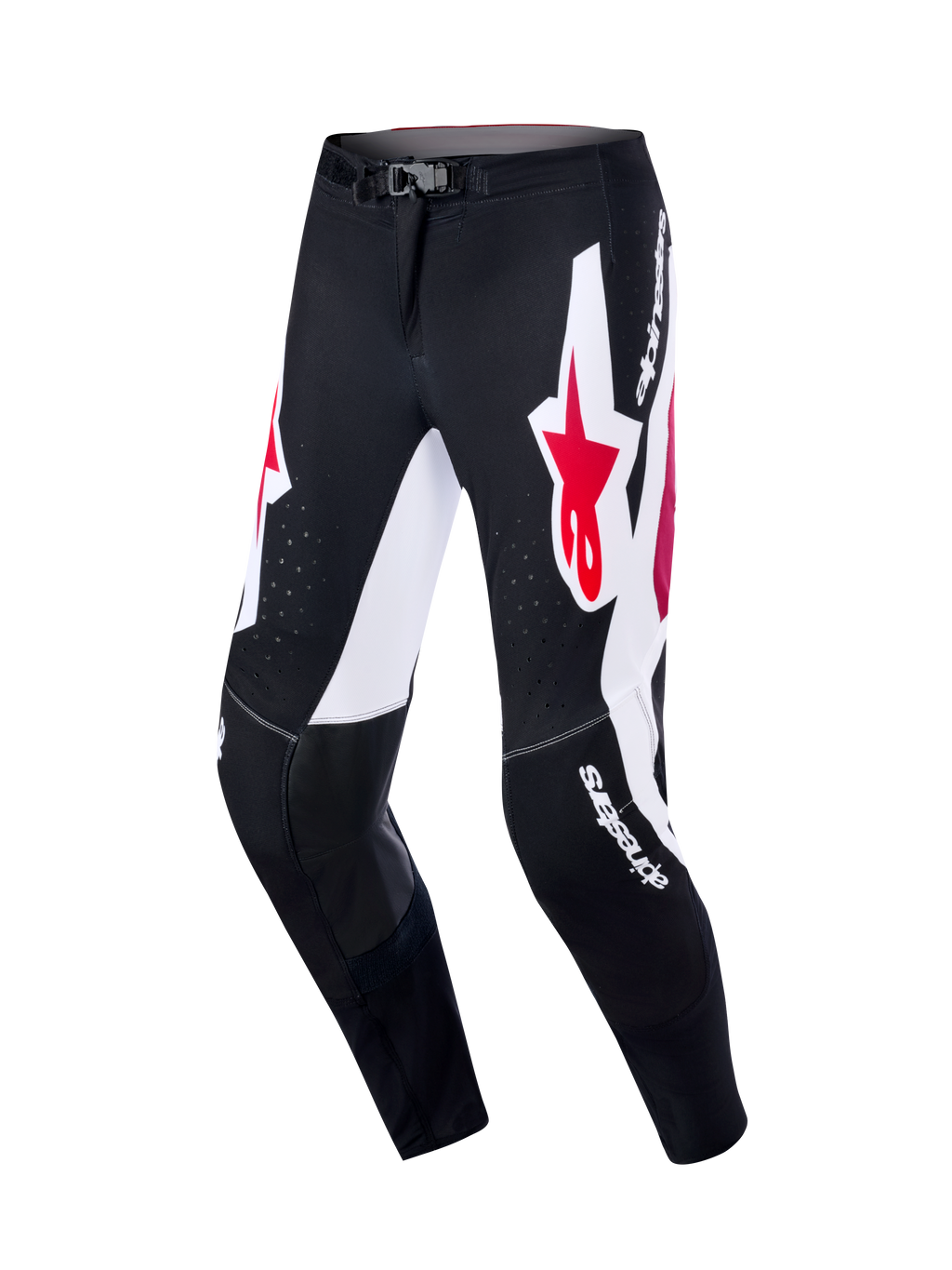 Alpinestars 2026 Supertech AFD Vista-byxor, motocrossbyxor, svarta med röda och vita detaljer, stora vita grafikpaneler med röda stjärnlogotyper, inre knäpaneler i svart läder, laserskurna perforeringar för luftflöde, vit logotyp, professionell utrustning för terrängkörning