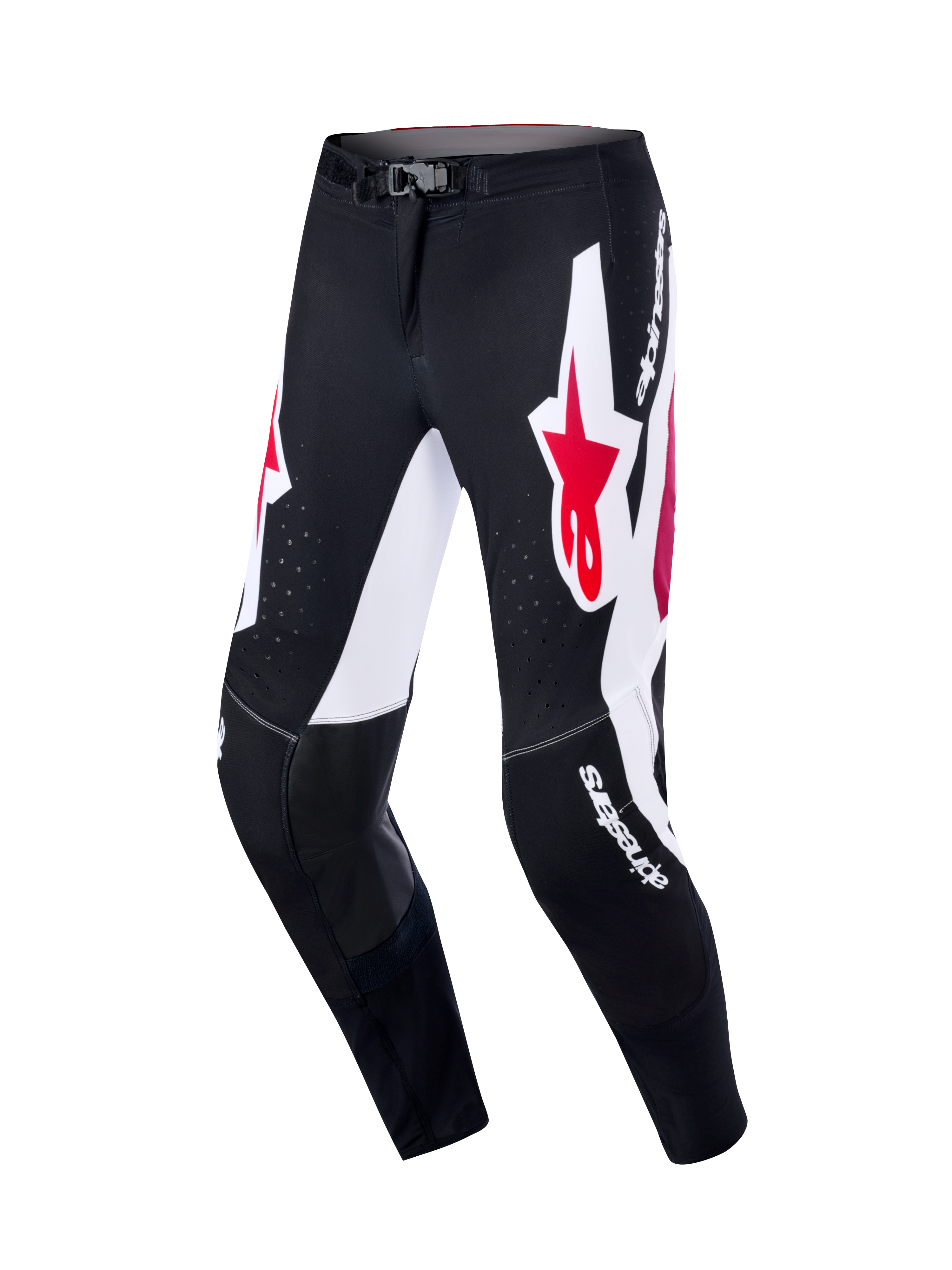 Alpinestars 2026 Supertech AFD Vista-byxor, motocrossbyxor, svarta med röda och vita detaljer, stora vita grafikpaneler med röda stjärnlogotyper, inre knäpaneler i svart läder, laserskurna perforeringar för luftflöde, vit logotyp, professionell utrustning för terrängkörning