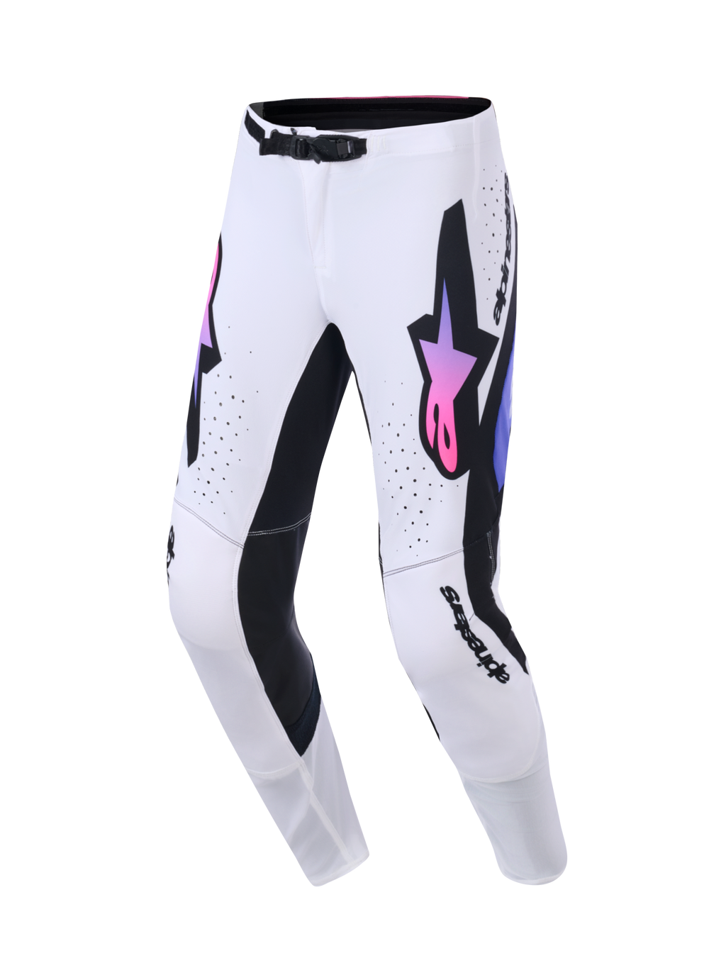 Alpinestars 2026 Supertech AFD Vista byxor, motocrossbyxor, vit, lila och svart, frontvy med framträdande Alpinestars-logotyper i lila och rosa gradient, svarta paneler på insidan av benen, laserskurna ventilationshål och en atletisk tävlingspassform.