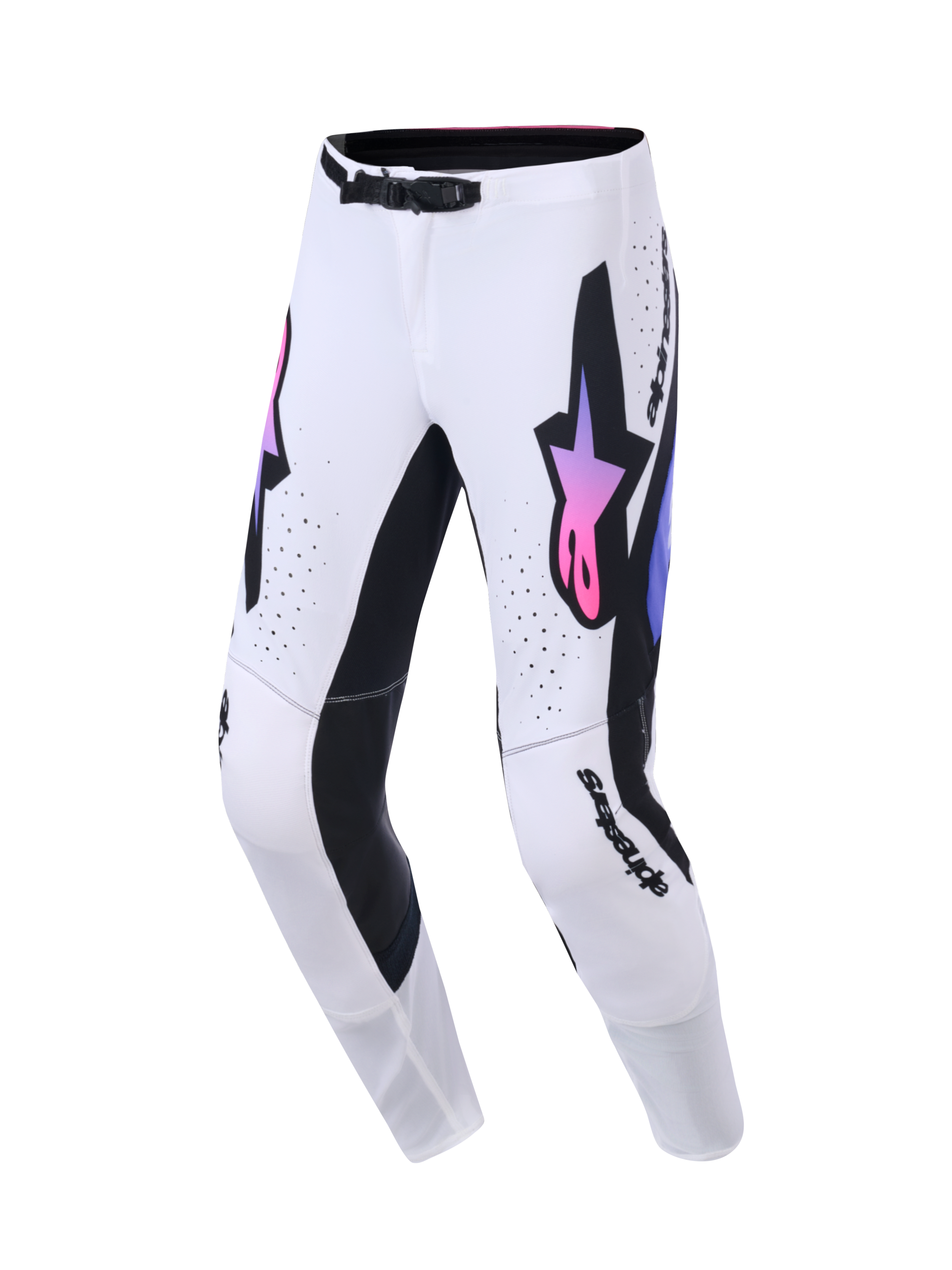 Alpinestars 2026 Supertech AFD Vista byxor, motocrossbyxor, vit, lila och svart, frontvy med framträdande Alpinestars-logotyper i lila och rosa gradient, svarta paneler på insidan av benen, laserskurna ventilationshål och en atletisk tävlingspassform.