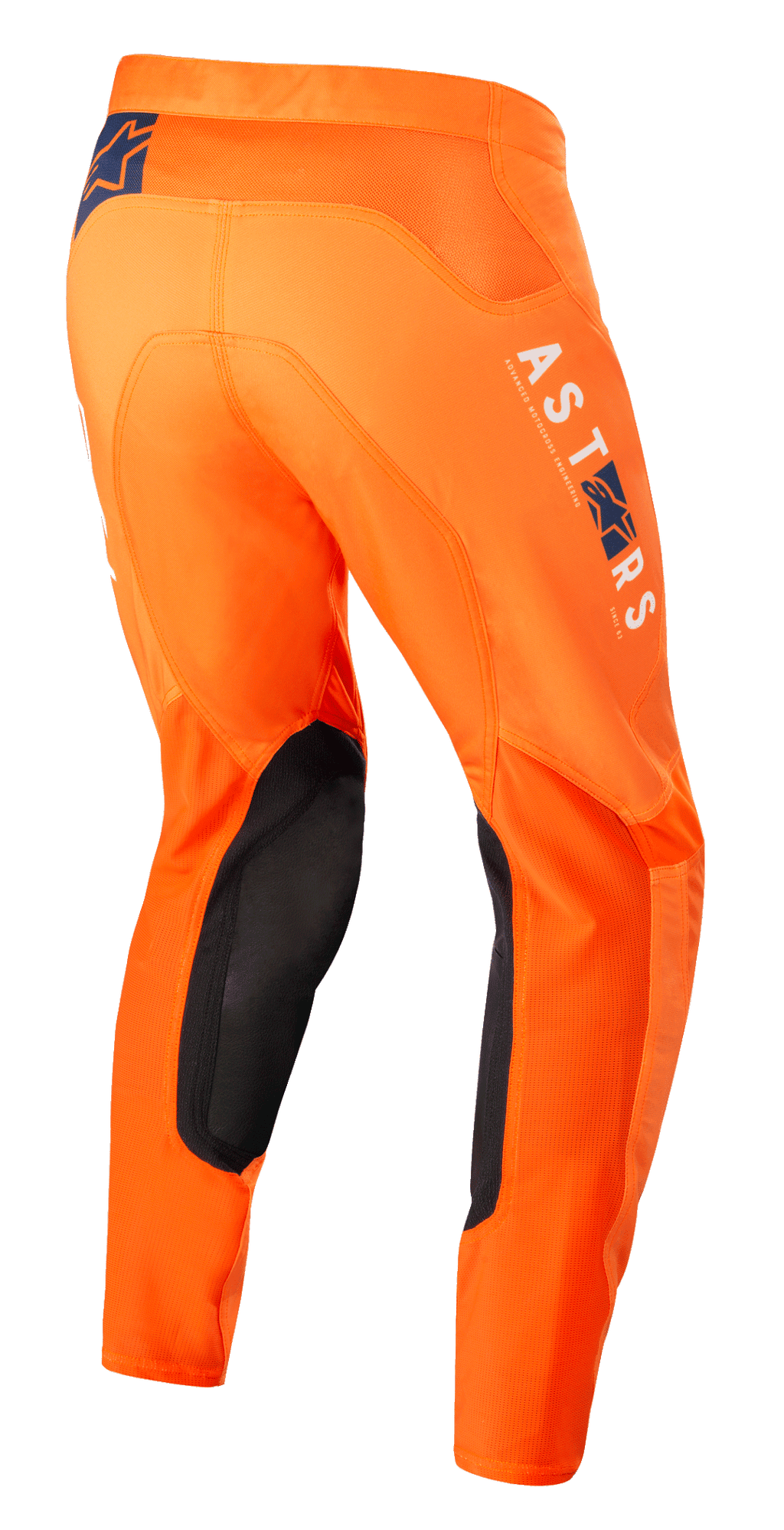 Alpinestars Supertech Foster-byxor, motocrossbyxor, orange, med svarta innerpaneler vid knäna, vit och blå ASTARS-logotyp på benet, avancerad stretch ripstop-konstruktion, vy bakifrån