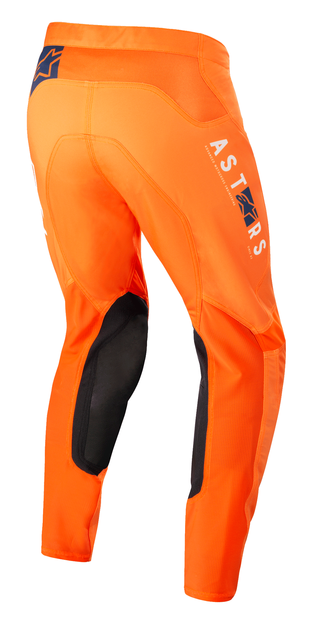 Alpinestars Supertech Foster-byxor, motocrossbyxor, orange, med svarta innerpaneler vid knäna, vit och blå ASTARS-logotyp på benet, avancerad stretch ripstop-konstruktion, vy bakifrån