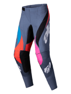 Alpinestars 2025 Techstar Dreem byxor, motocrossbyxor, grå flerfärgade med rosa, orangea och blå detaljer, vita Alpinestars-logotyper, laserperforeringar och svarta innerpaneler vid knäna, hållbar atletisk design för terrängkörning