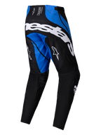 Alpinestars 2025 Techstar Dreem byxor, motocrossbyxor, svarta och blå, med framträdande vit Alpinestars-logotyp över baksidan, blå kontrastpaneler på övre baksidan och insidan av benen, vita A-stjärnlogotyper på låren, sportig prestandadesign för terrängkörning