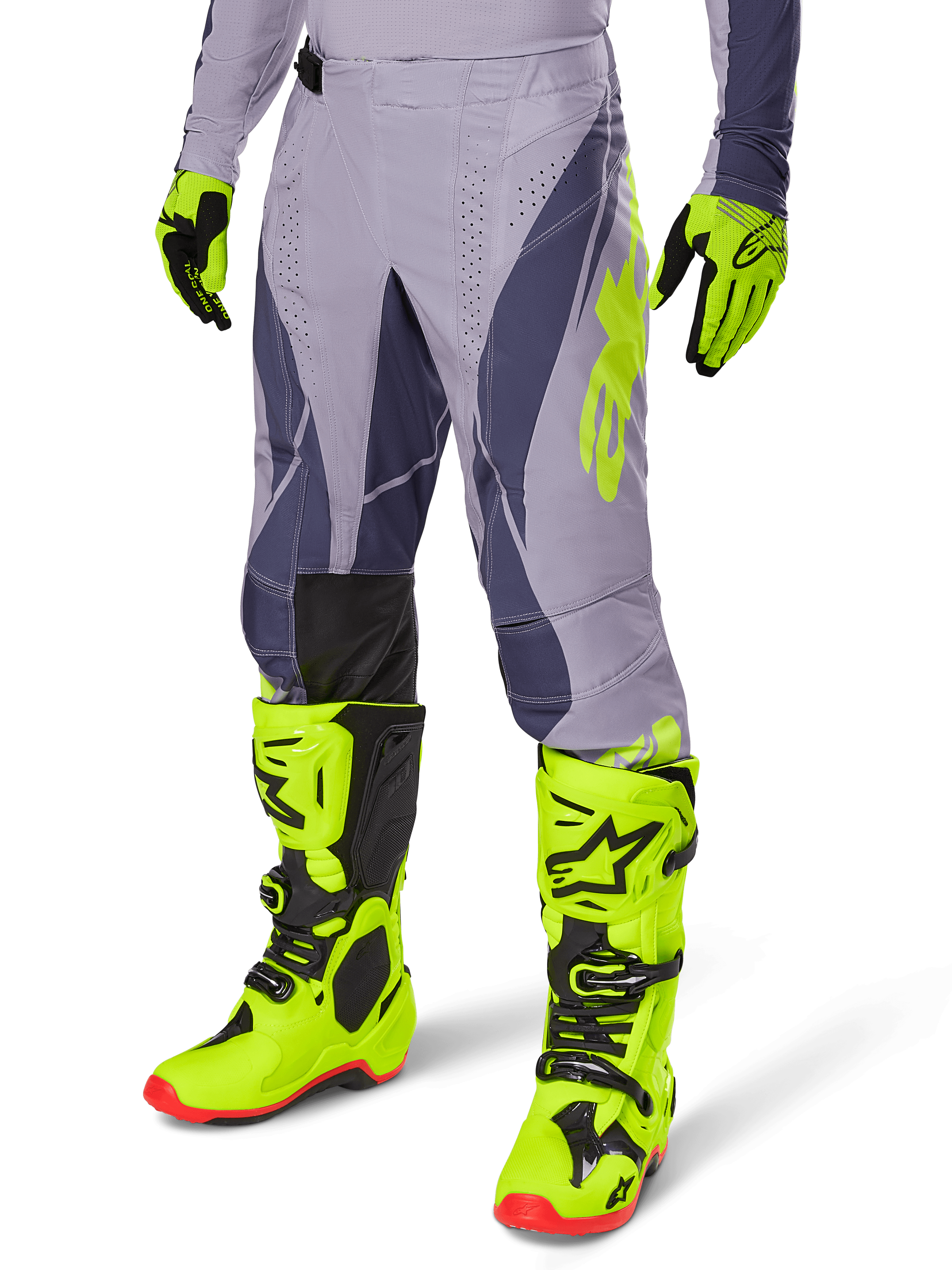 Alpinestars 2025 Techstar Dreem Gear Set, Motocross Pants and Jersey, Gray with dark purple and neon yellow accents, worn with matching neon yellow boots and gloves, professional racing fit for off-road motocross