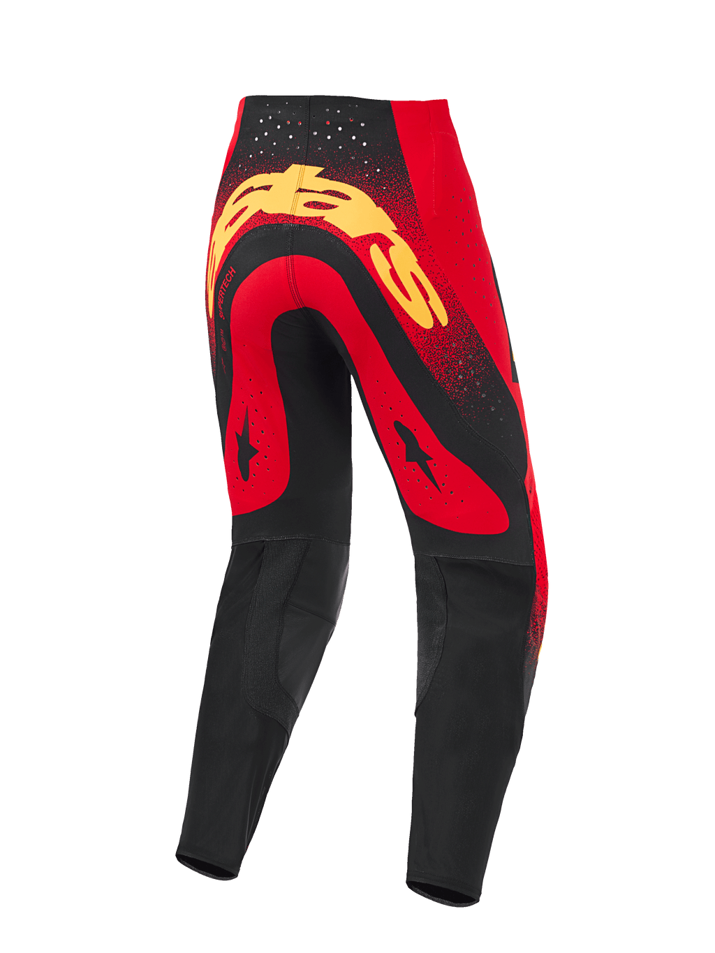 Alpinestars 2026 Supertech Scenz byxor, motocrossbyxor, röd, svart och gul, vy bakifrån med en stor gul logotyp över sätet, röda paneler med svarta stjärngrafiker, laserskurna perforeringar vid midjan och svarta förstärkta paneler på underbenen.