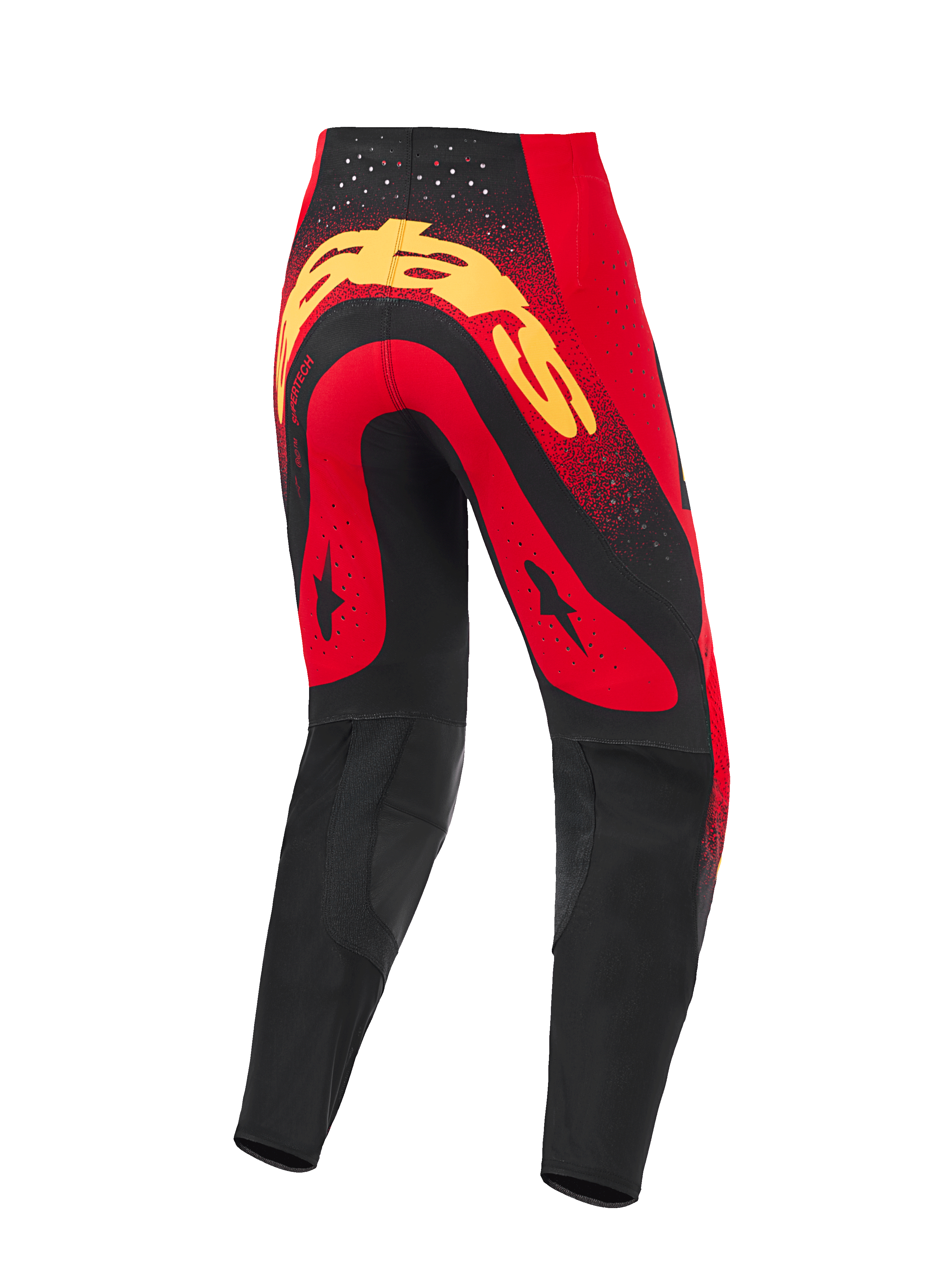 Alpinestars 2026 Supertech Scenz byxor, motocrossbyxor, röd, svart och gul, vy bakifrån med en stor gul logotyp över sätet, röda paneler med svarta stjärngrafiker, laserskurna perforeringar vid midjan och svarta förstärkta paneler på underbenen.