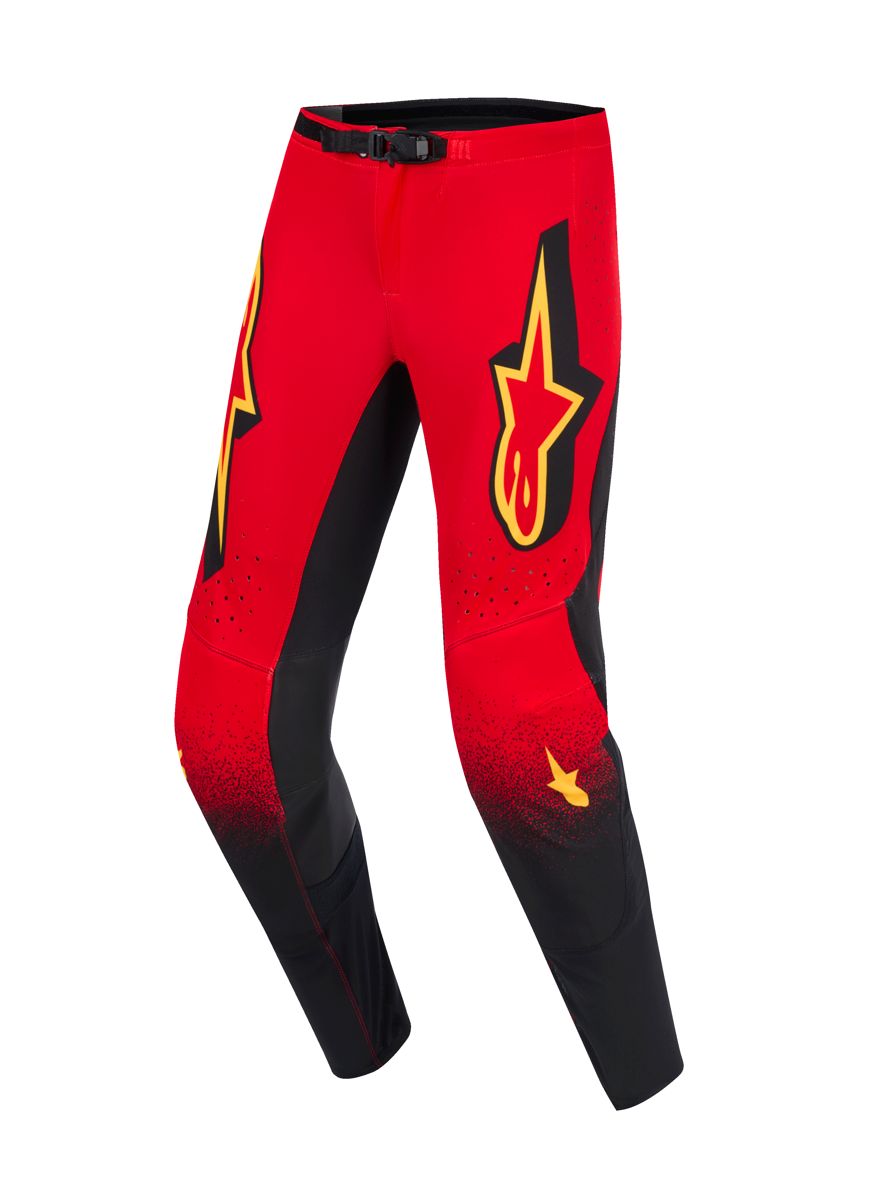 Alpinestars 2026 Supertech Scenz byxor, motocrossbyxor, röda, svarta och gula, röd ovandel som övergår till svarta underben med ett prickigt gradientmönster, stora gula Alpinestars-logotyper på låren, svarta innerpaneler vid knäna och magnetisk midjestängning