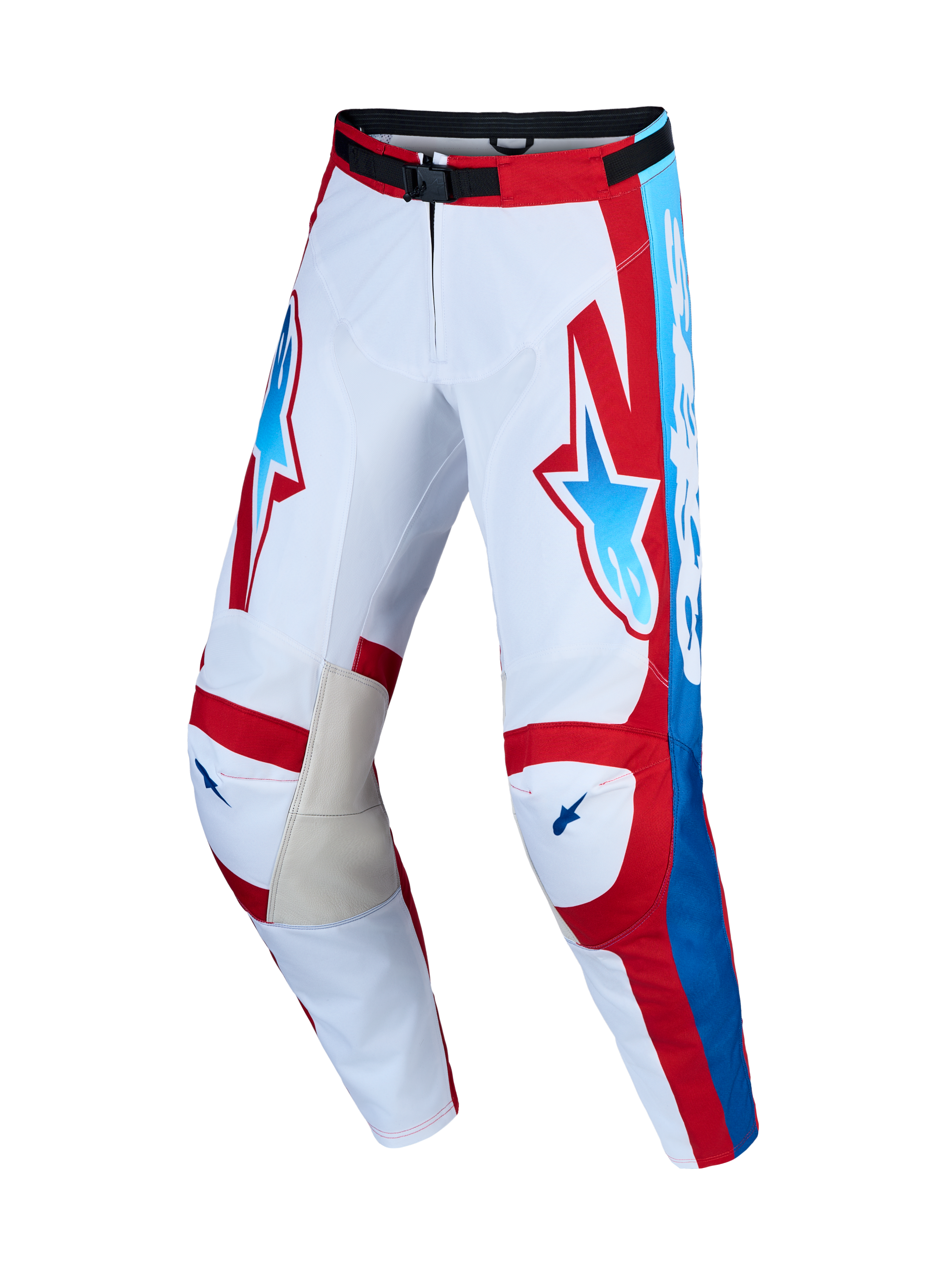 Alpinestars Racer Hunt byxor, vita och röda herrmotocrossbyxor med blå detaljer och innerknän i läder.