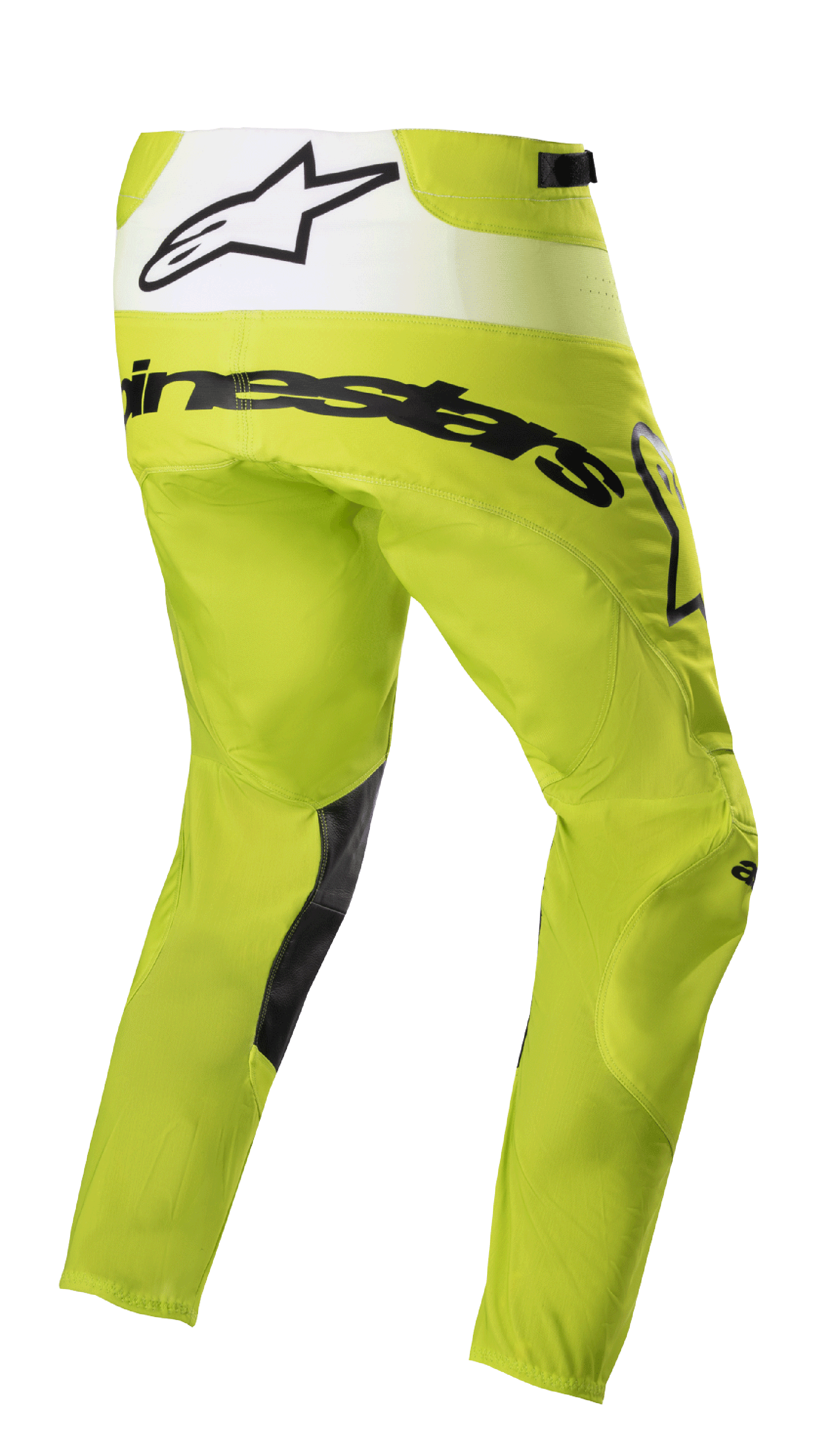Alpinestars 2023 Techstar Push Pants, Motocross Pants, Yellow Fluo and White, rear three-quarter view featuring black branding and white back panel with star logo, black inner leg patches, durable off-road racing gear