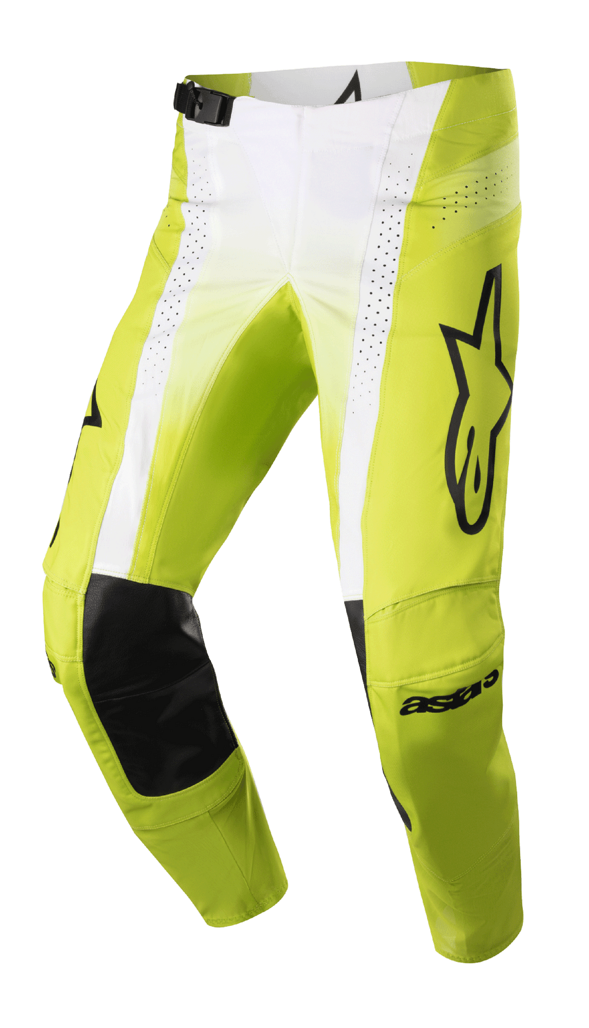 Alpinestars 2023 Techstar Push Pants, Motocross Racing Pants, Yellow Fluo and White with Black accents, featuring black leather inner knee reinforcements, perforated ventilation panels, large black logo on the thigh, and adjustable waist buckle, high-performance off-road gear