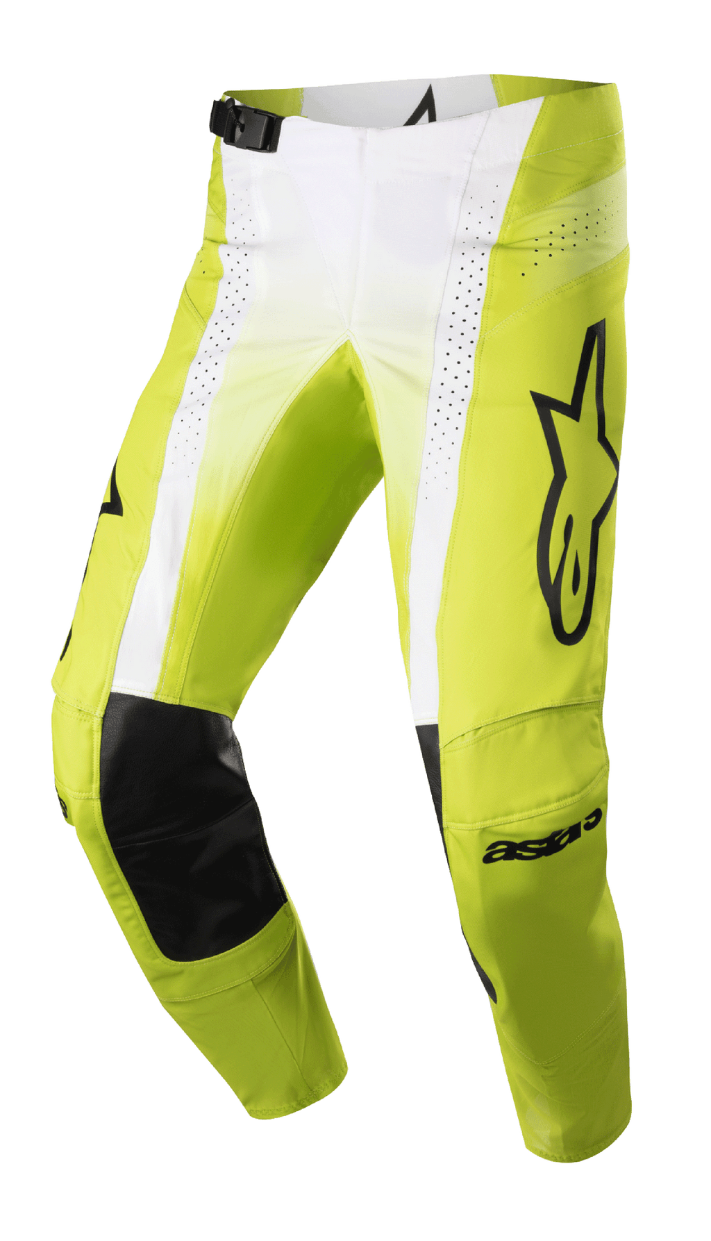 Alpinestars 2023 Techstar Push Pants, Motocross Racing Pants, Yellow Fluo and White with Black accents, featuring black leather inner knee reinforcements, perforated ventilation panels, large black logo on the thigh, and adjustable waist buckle, high-performance off-road gear