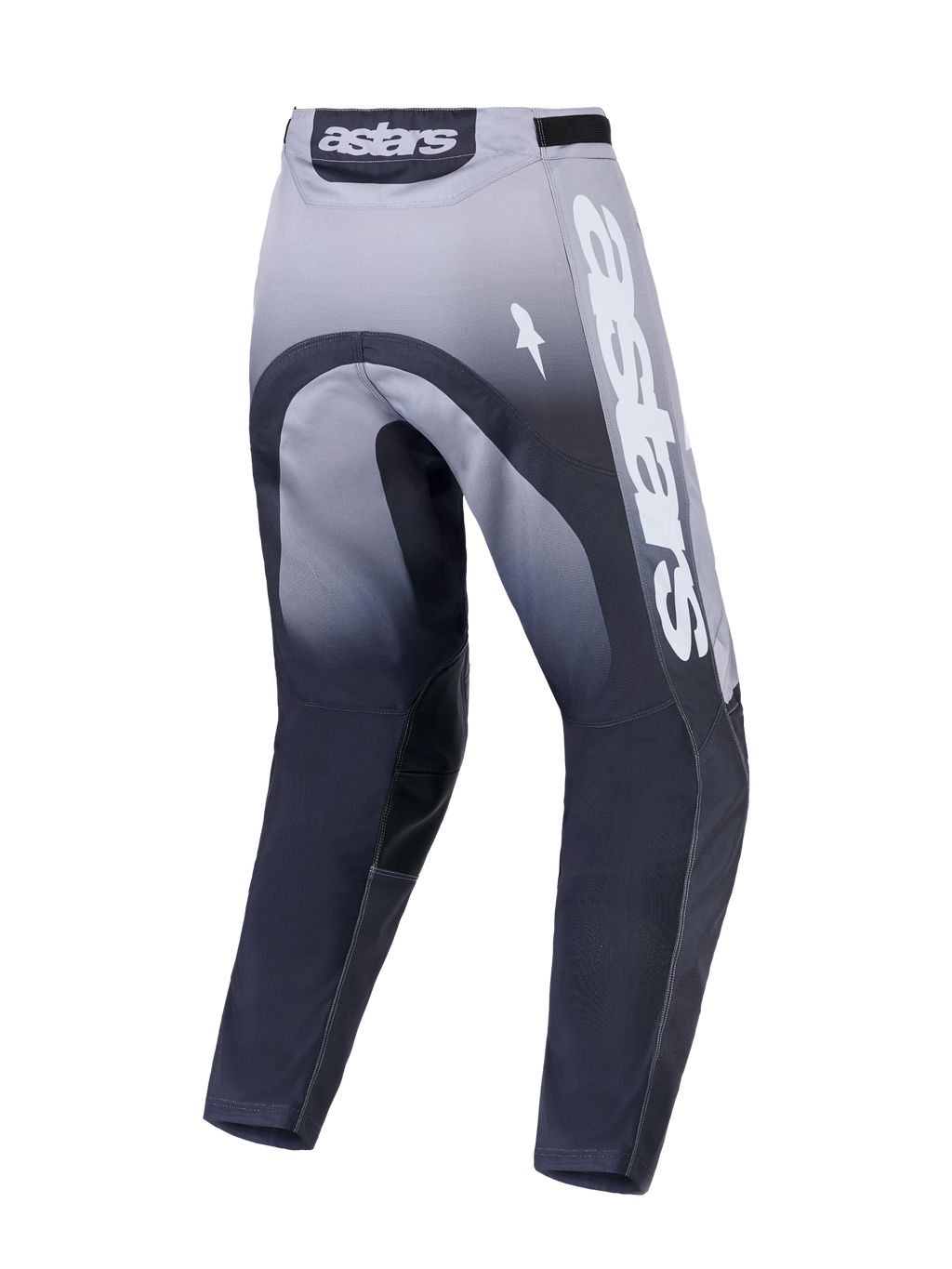 Alpinestars Racer Amber motocrossbyxor, grå och vita, vy bakifrån med slitstark konstruktion och tydliga Astars-logotyper.