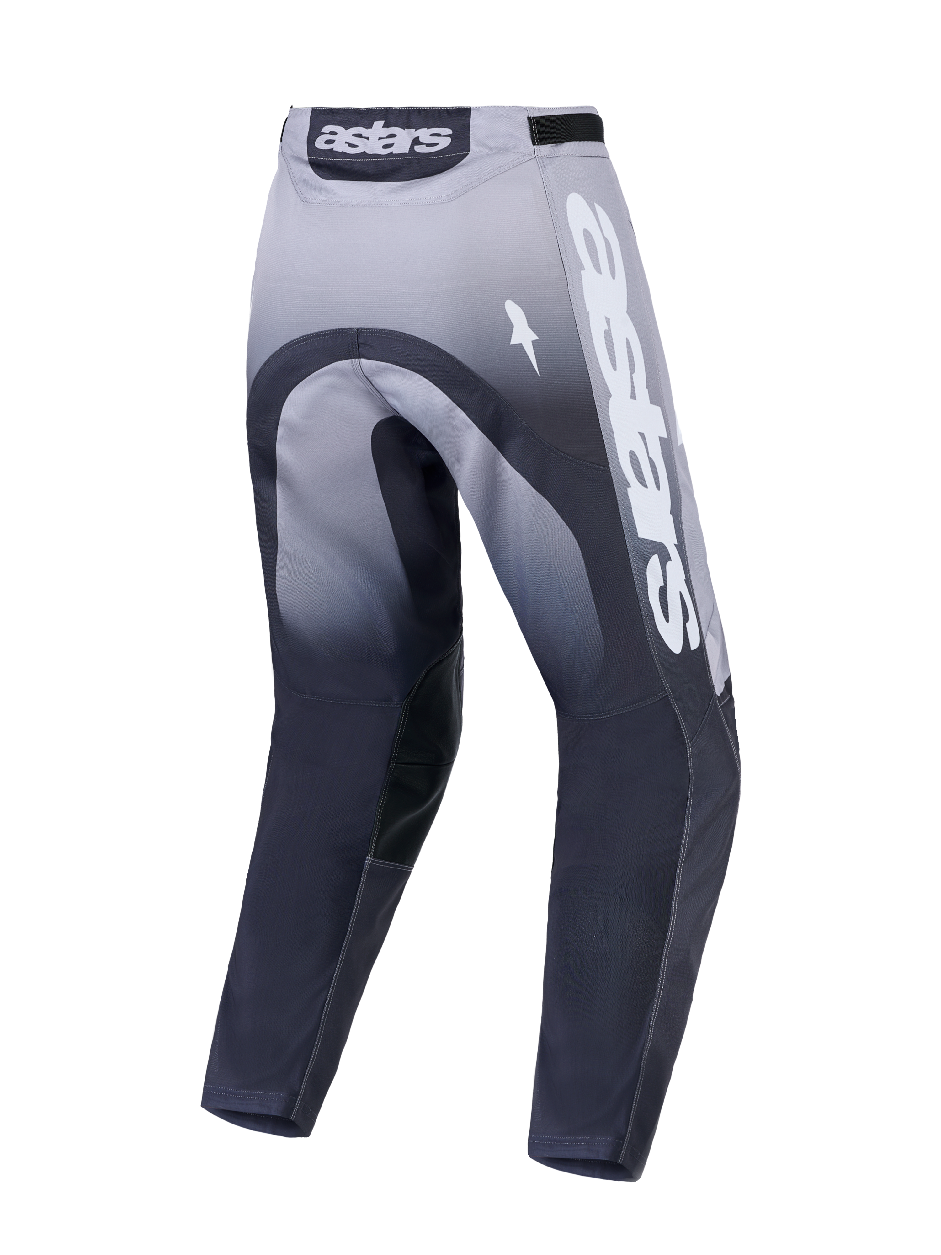 Alpinestars Racer Amber motocrossbyxor, grå och vita, vy bakifrån med slitstark konstruktion och tydliga Astars-logotyper.