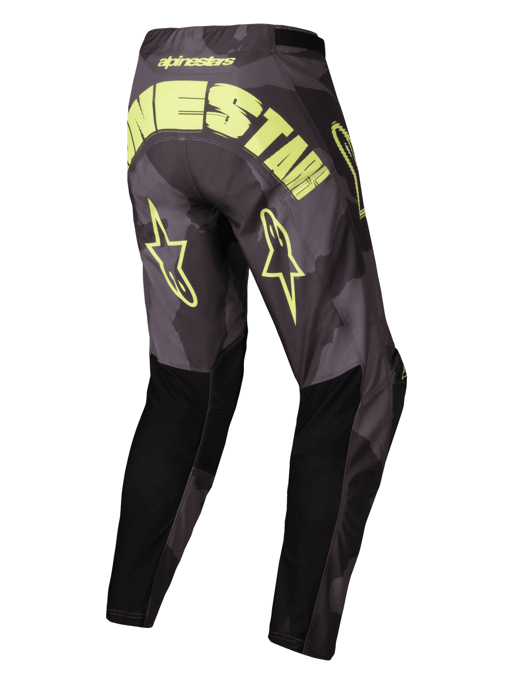 Alpinestars 2025 Racer Hollow byxor, motocrossbyxor för off-road, mörk kamouflage och gul fluo, lätt tekniskt material med förformad konstruktion, baksida med stor logotyp och stjärnmärken