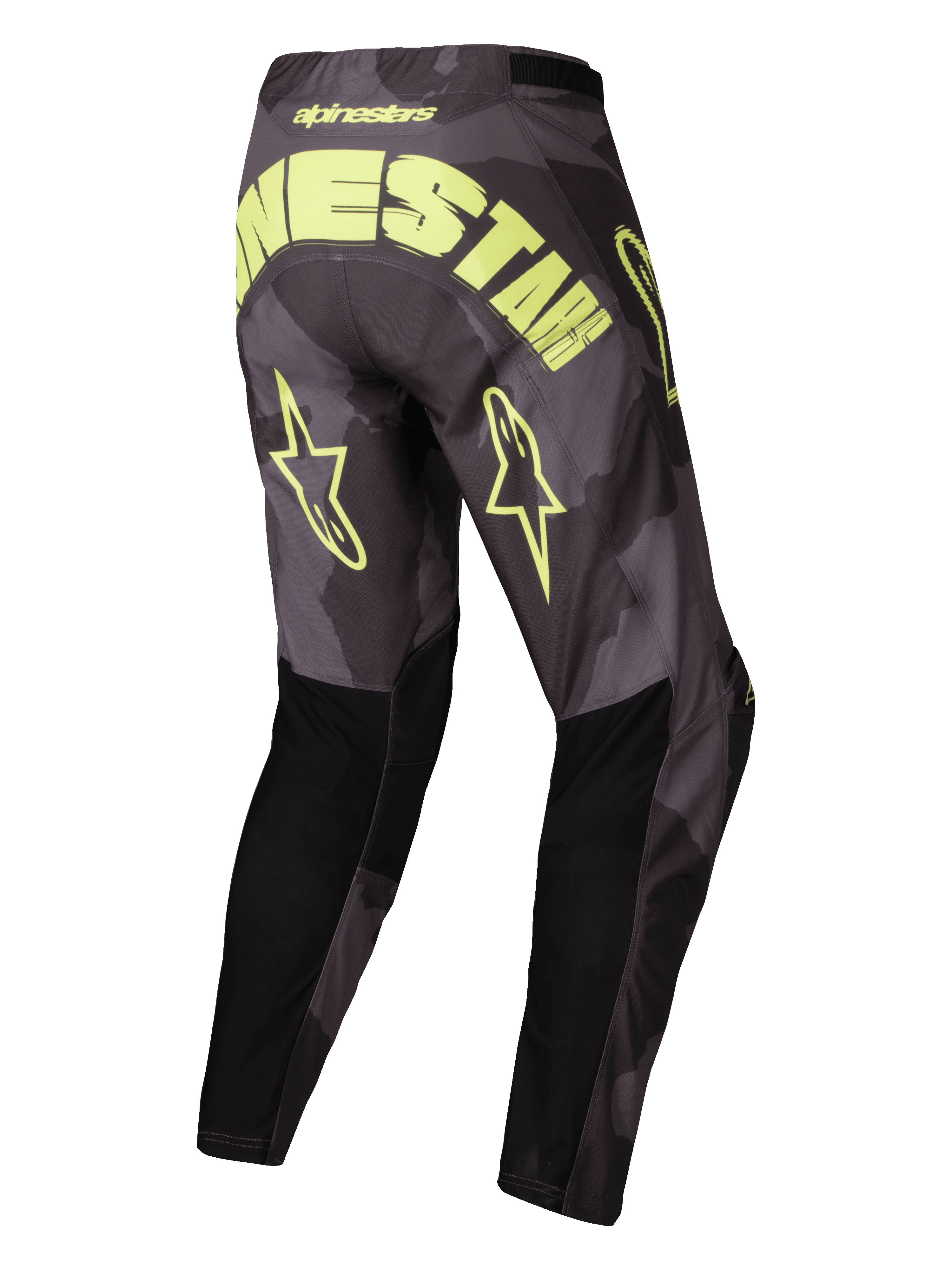 Alpinestars 2025 Racer Hollow byxor, motocrossbyxor för off-road, mörk kamouflage och gul fluo, lätt tekniskt material med förformad konstruktion, baksida med stor logotyp och stjärnmärken