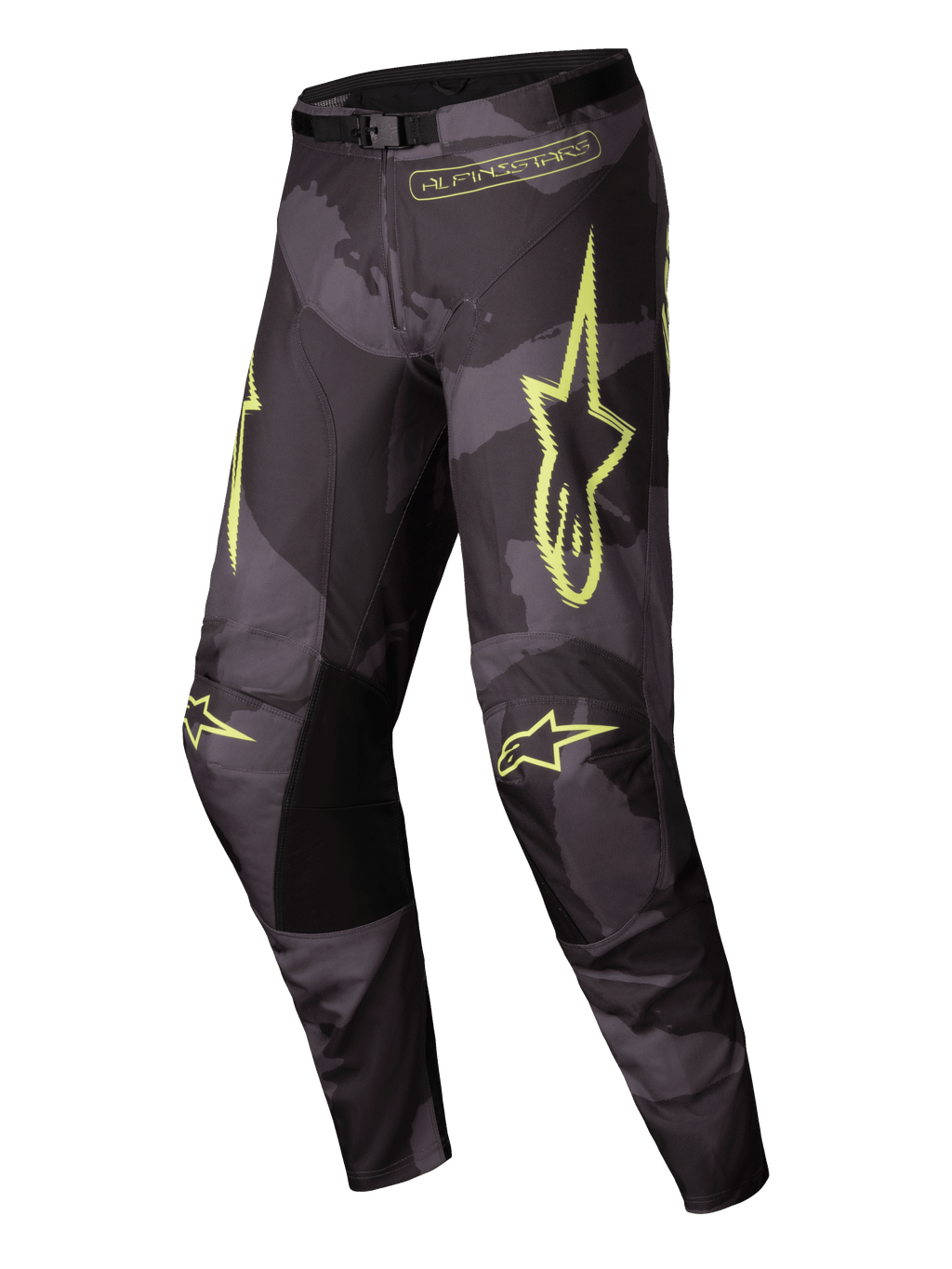 Alpinestars 2025 Racer Hollow byxor, motocrossbyxor för offroad, mörkgrå och gula, lätt och fukttransporterande design med ergonomisk konstruktion