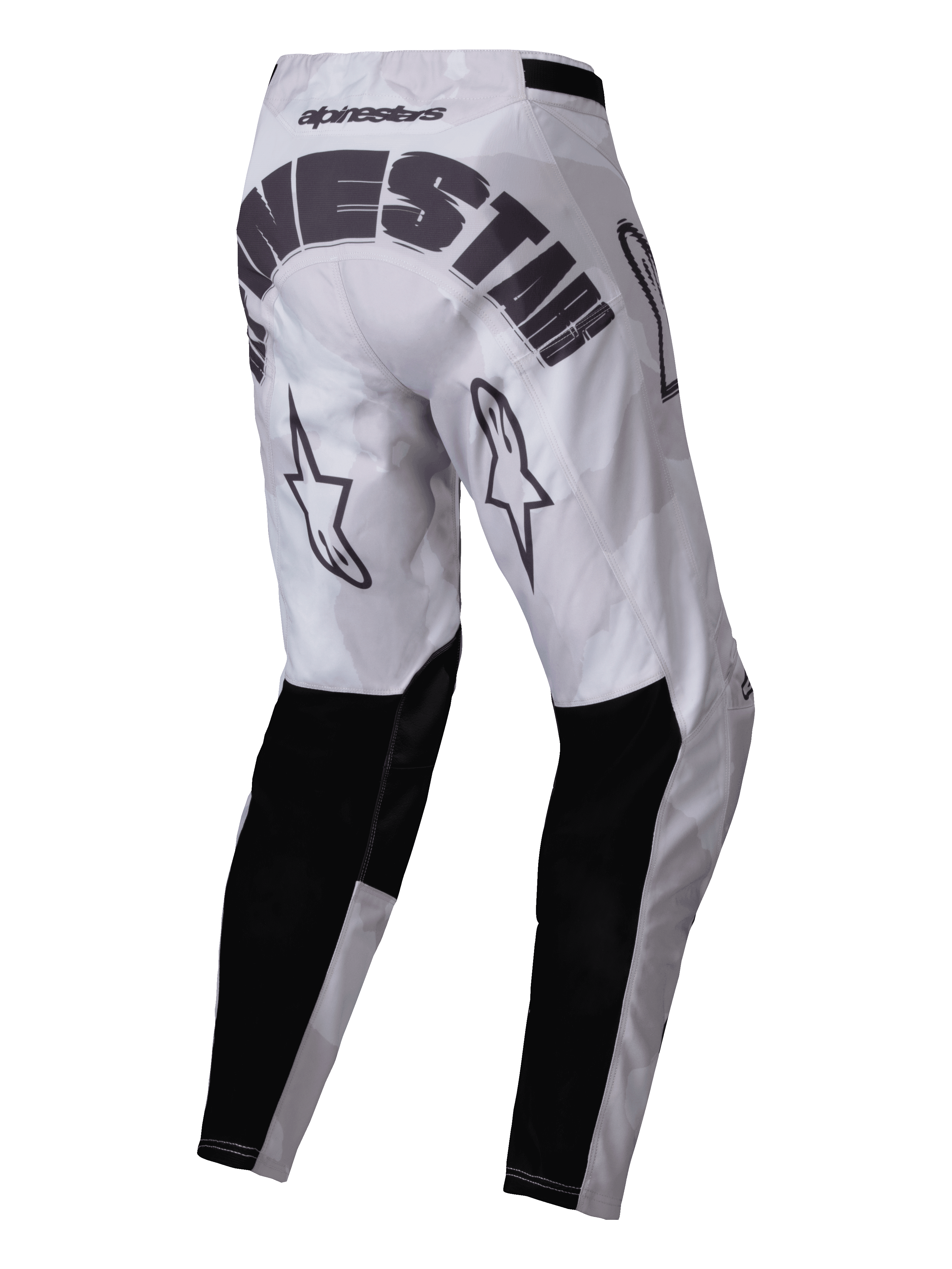 Alpinestars 2025 Racer Hollow Pants, Motocross Pants, Light Camo Brown, rear view featuring bold black Alpinestars branding across the seat, star logos on the back of the thighs, and black reinforced panels on the lower legs, sporty off-road design with a light grey camouflage pattern