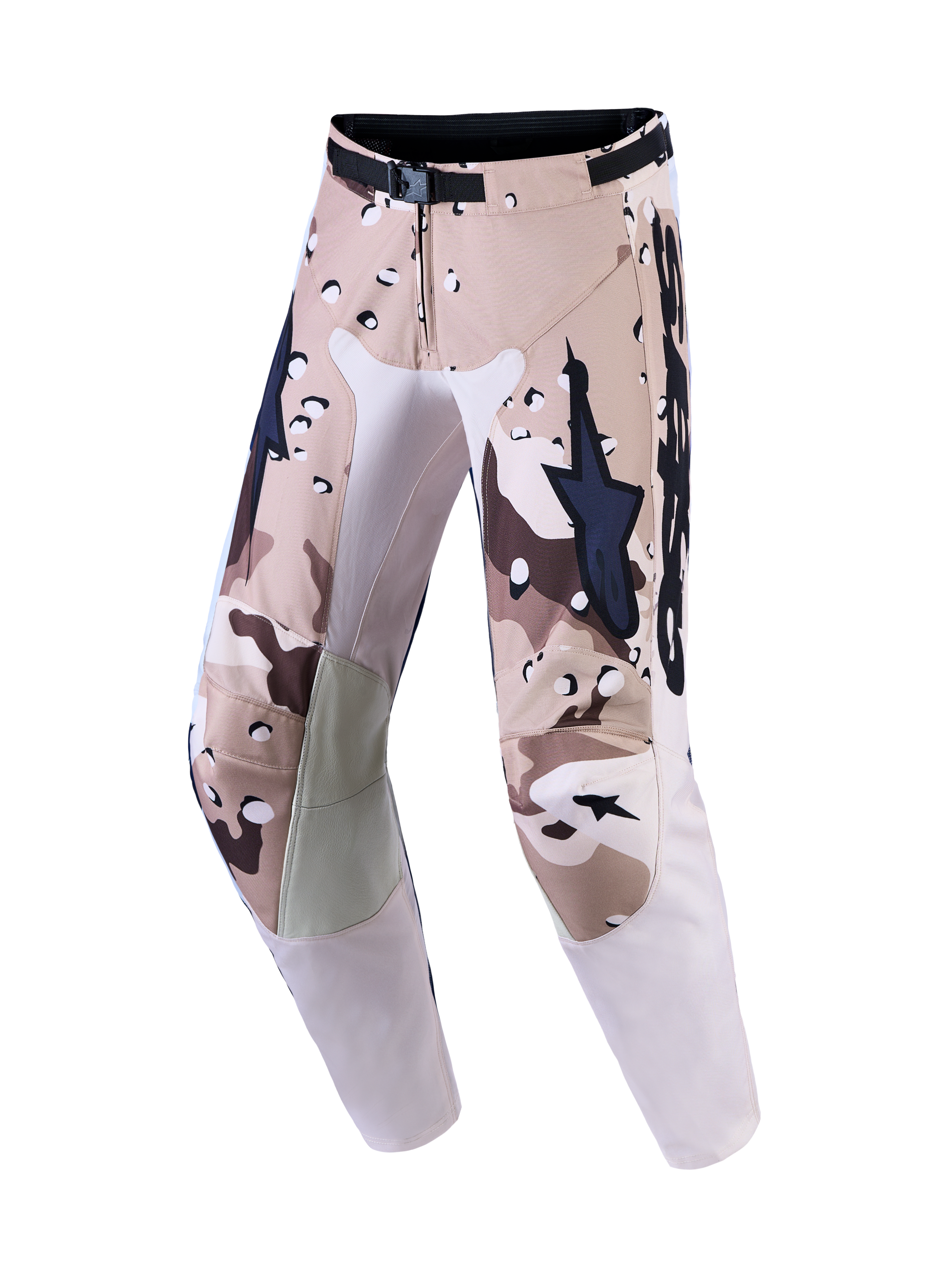 Alpinestars Men's Racer Lone Motocross Pants in Desert Camo and Black with magnetic waist closure and leather knees.