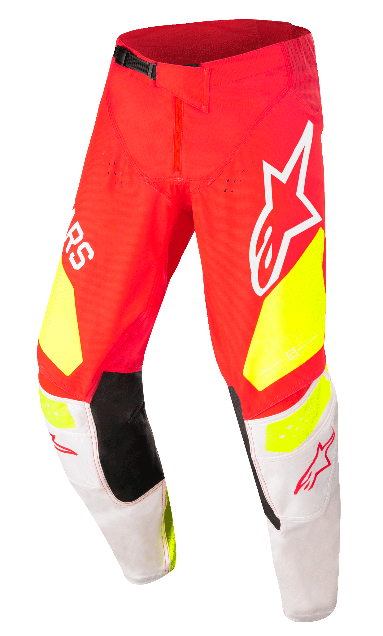Alpinestars Techstar Factory byxor, motocrossbyxor, röda med fluorescerande gula och vita detaljer, svarta innerpaneler vid knäna, stora Alpinestars-logotyper, perforerade ventilationshål och ett svart justerbart midjespänne.