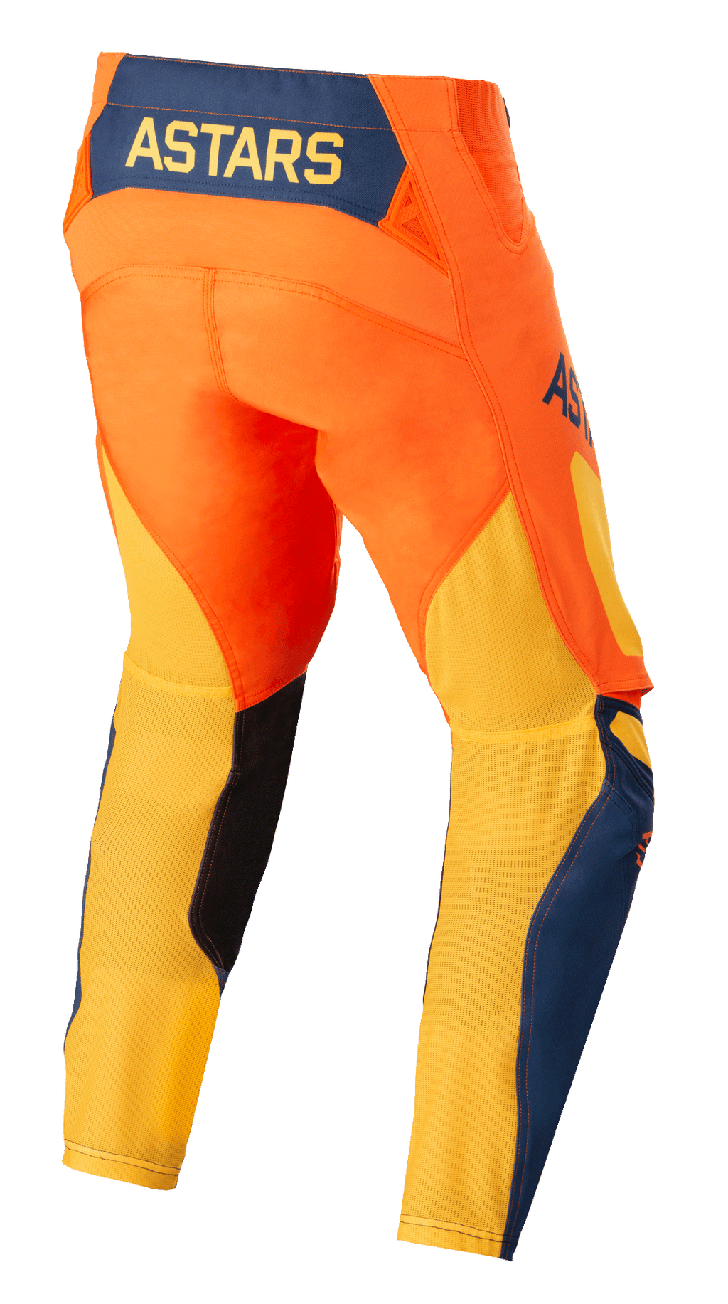 Alpinestars Techstar Factory byxor, motocrossbyxor, orange, mörkblå och varmgul, vy bakifrån med den gula ASTARS-logotypen på en mörkblå panel baktill, livfull orange bas med ventilerande gult meshtyg på underbenen och blå detaljer