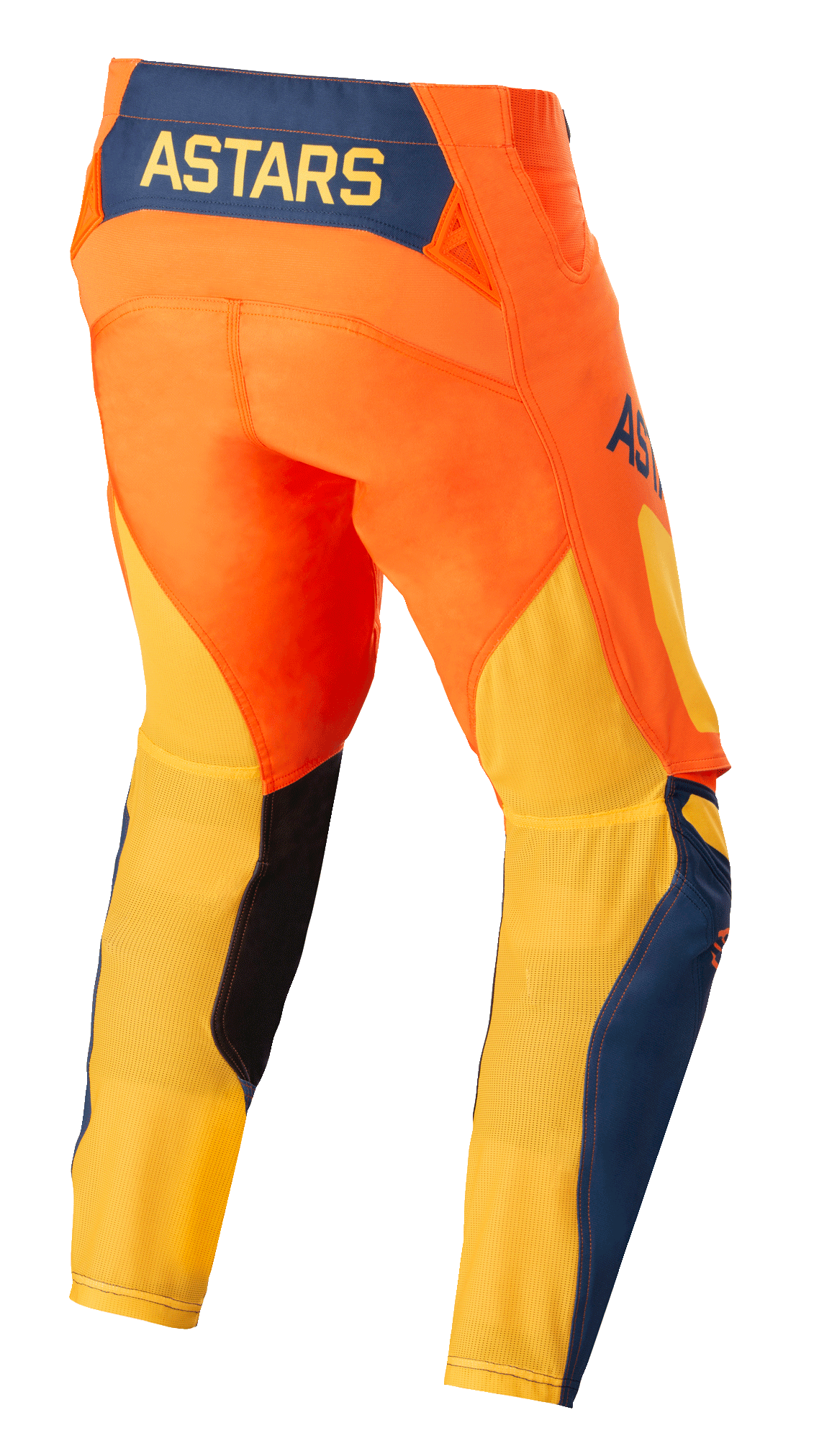 Alpinestars Techstar Factory byxor, motocrossbyxor, orange, mörkblå och varmgul, vy bakifrån med den gula ASTARS-logotypen på en mörkblå panel baktill, livfull orange bas med ventilerande gult meshtyg på underbenen och blå detaljer