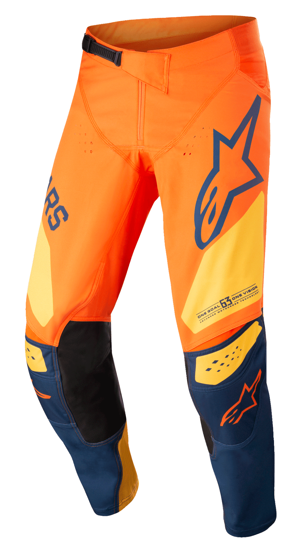 Alpinestars Techstar Factory-byxor, motocrossbyxor, orange och mörkblå med varmgula detaljer, framträdande logotyper, 3D Babel-knäkonstruktion med svarta läderpaneler på insidan och ett justerbart midjespänne för terrängkörning.