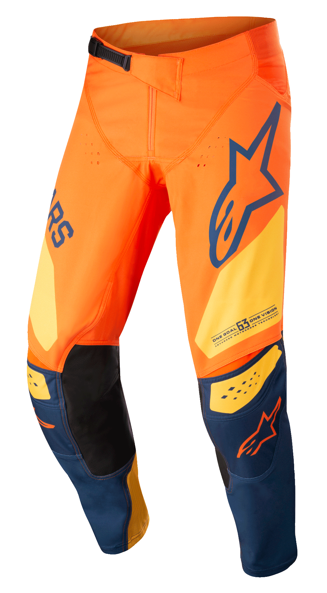 Alpinestars Techstar Factory-byxor, motocrossbyxor, orange och mörkblå med varmgula detaljer, framträdande logotyper, 3D Babel-knäkonstruktion med svarta läderpaneler på insidan och ett justerbart midjespänne för terrängkörning.
