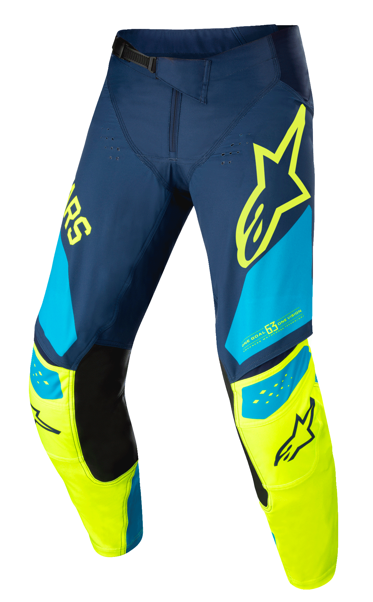 Alpinestars Techstar Factory-byxor, motocrossbyxor för racing, mörkblå, neongula och ljusblå, med svarta innerpaneler vid knäna, gul stjärnlogotyp på låret, "ONE GOAL ONE VISION"-grafik och perforerade ventilationszoner för högpresterande terrängkörning