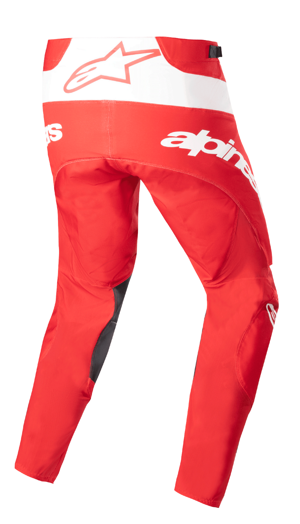 Alpinestars 2023 Techstar Arch byxor, motocrossbyxor, Mars Red och vita, vy bakifrån med tydlig vit branding och stjärnlogotyp, mörka förstärkningar på insidan av benen, teknisk design för terrängkörning
