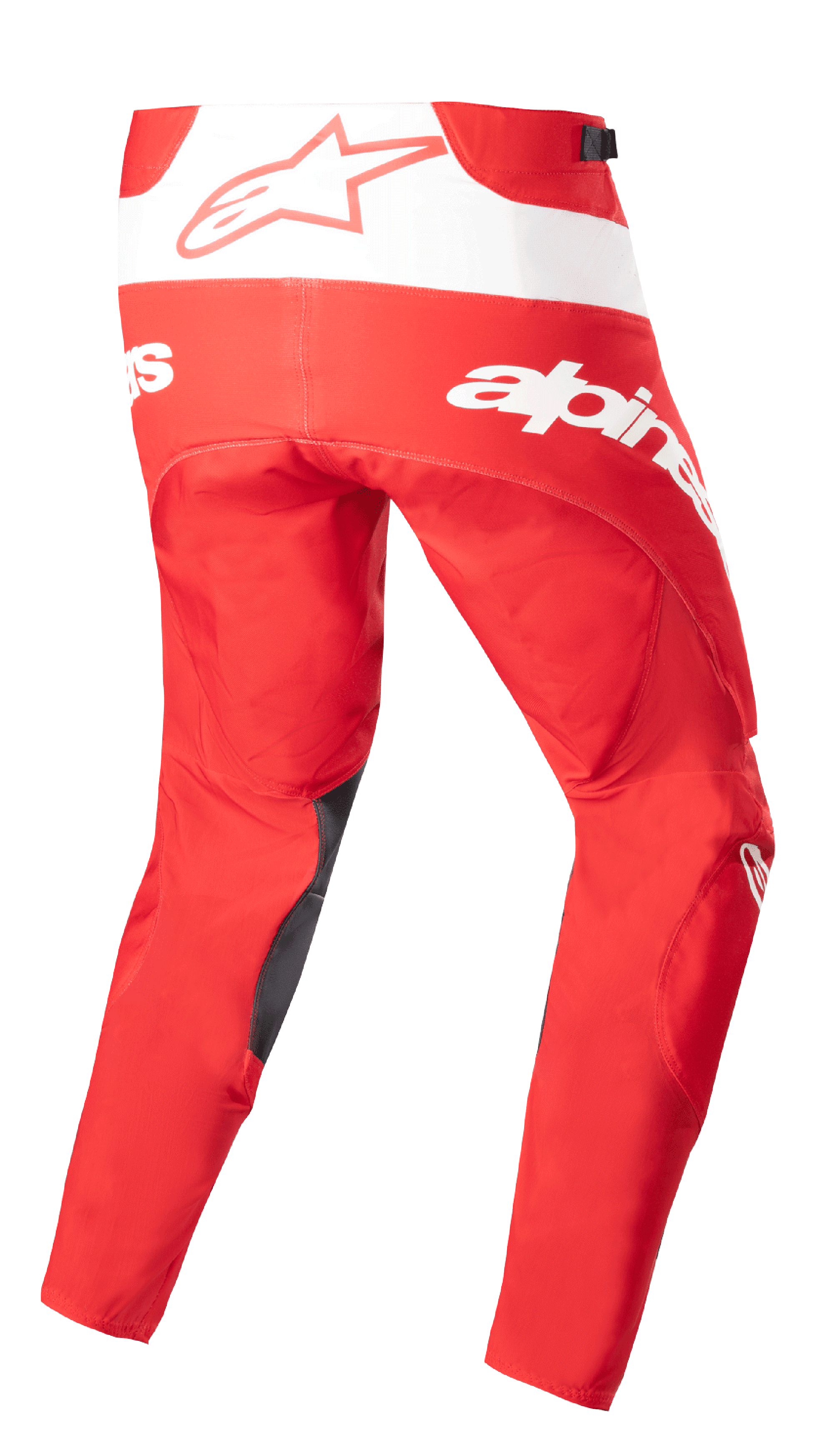 Alpinestars 2023 Techstar Arch byxor, motocrossbyxor, Mars Red och vita, vy bakifrån med tydlig vit branding och stjärnlogotyp, mörka förstärkningar på insidan av benen, teknisk design för terrängkörning