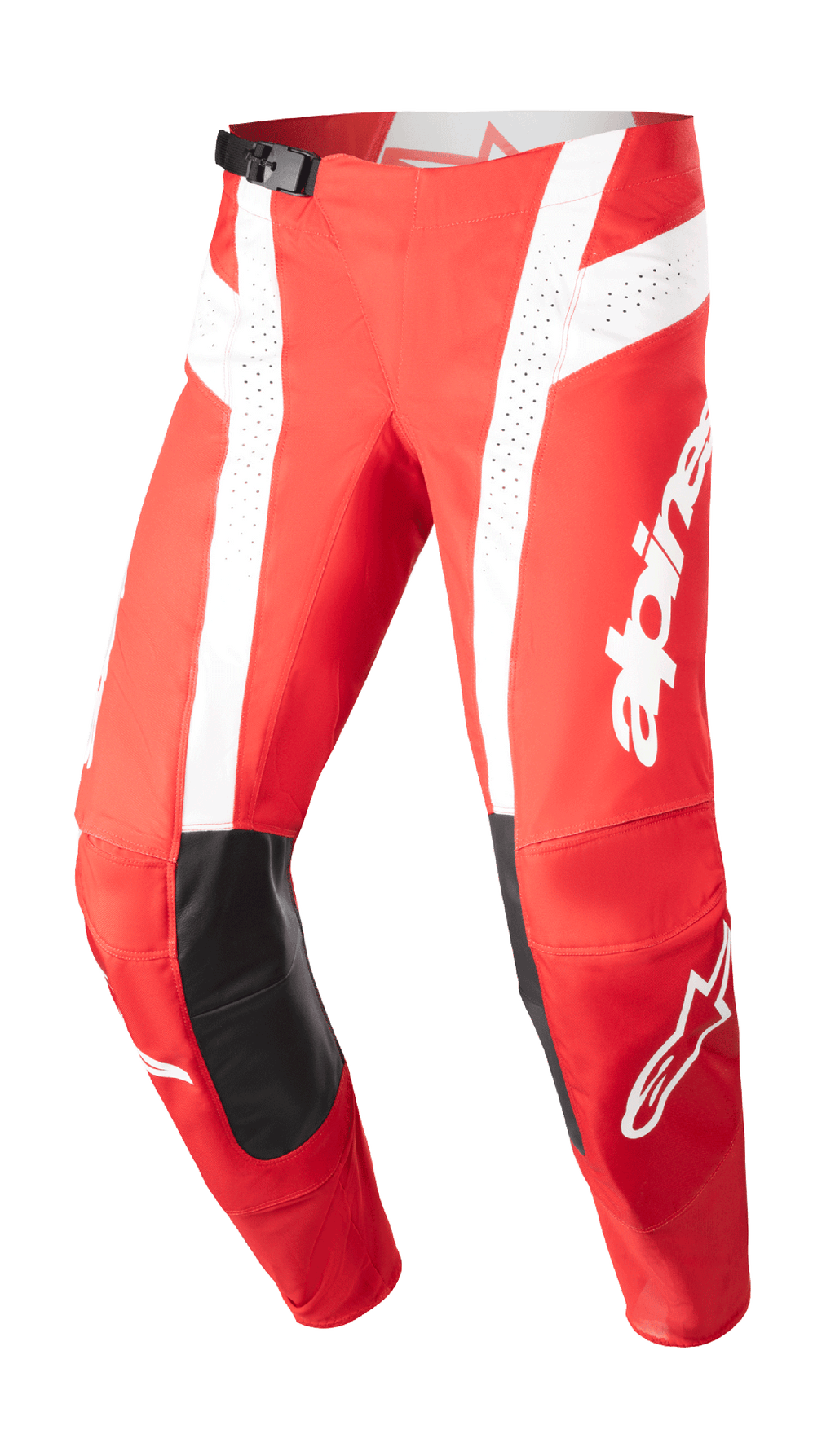 Alpinestars 2023 Techstar Arch byxor, motocrossbyxor, Mars Red och vit, svarta knäpartier i läder, perforerade ventilationspaneler, justerbart midjespänne, högpresterande utrustning för terrängkörning