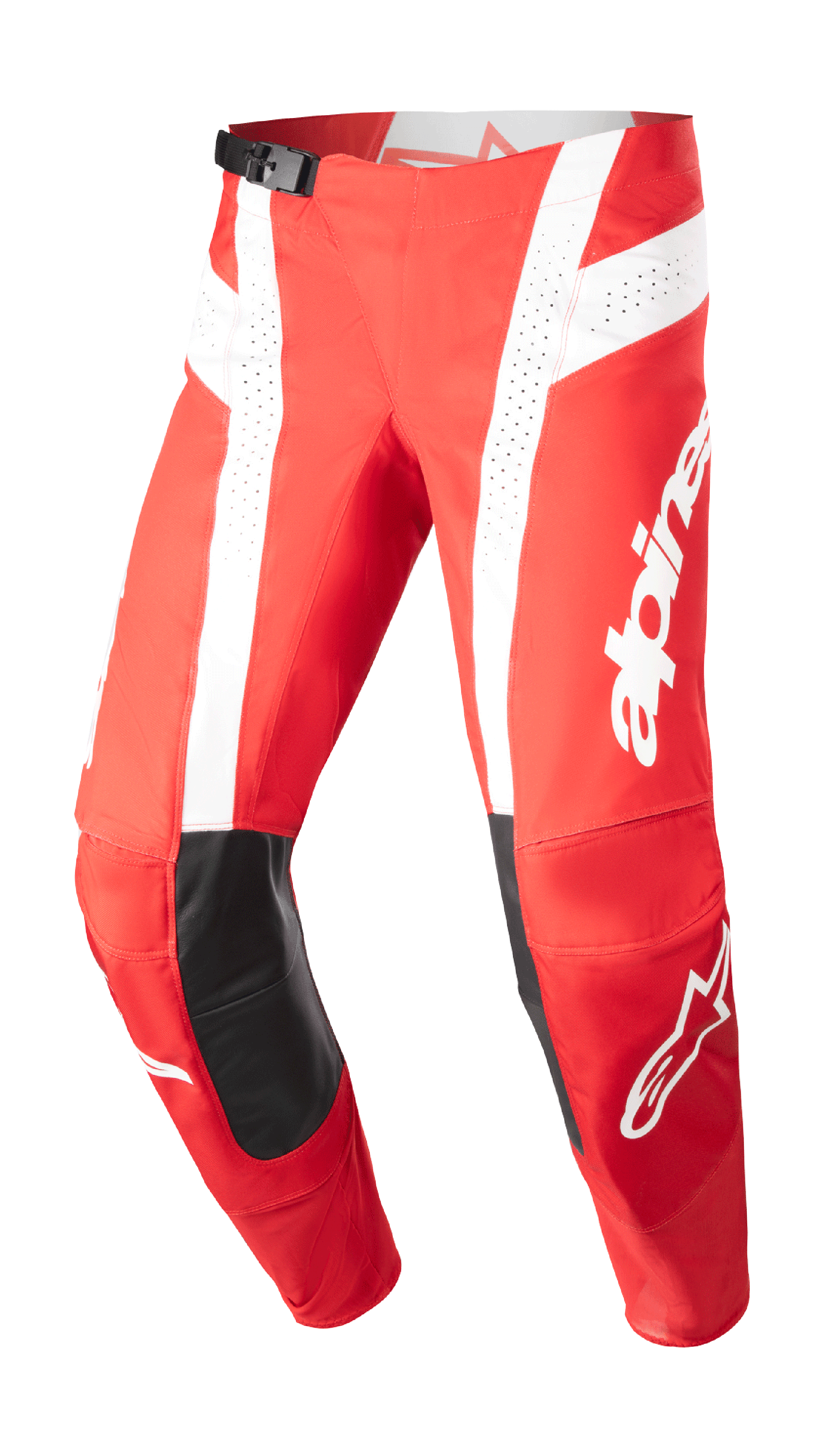 Alpinestars 2023 Techstar Arch byxor, motocrossbyxor, Mars Red och vit, svarta knäpartier i läder, perforerade ventilationspaneler, justerbart midjespänne, högpresterande utrustning för terrängkörning