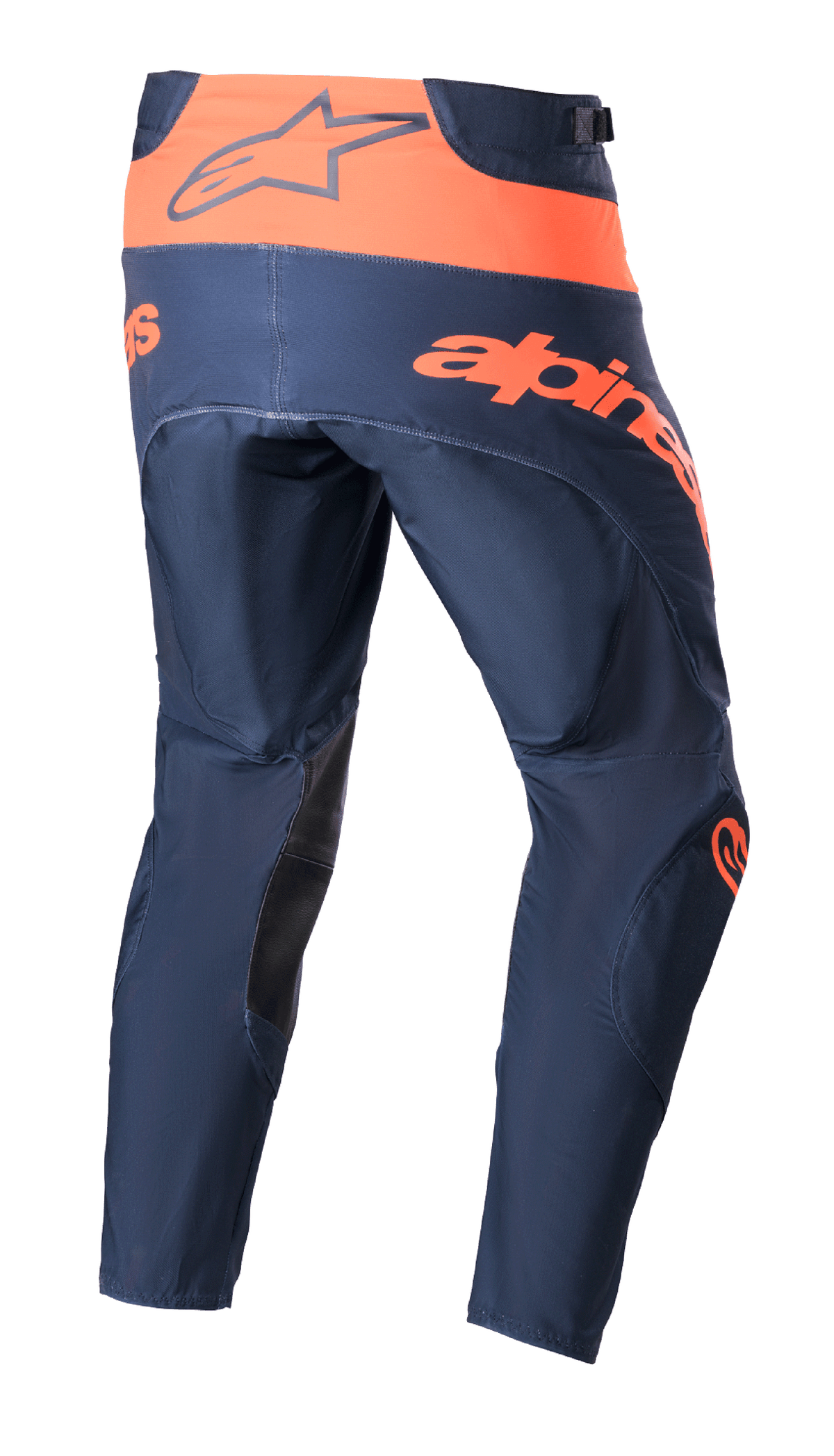Alpinestars 2023 Techstar Arch byxor, motocrossbyxor, mörkblå och intensivt orangea, baksida som visar orange linning med Alpinestars-logotyp, stor orange text över sätet och svarta förstärkningar på insidan av benen