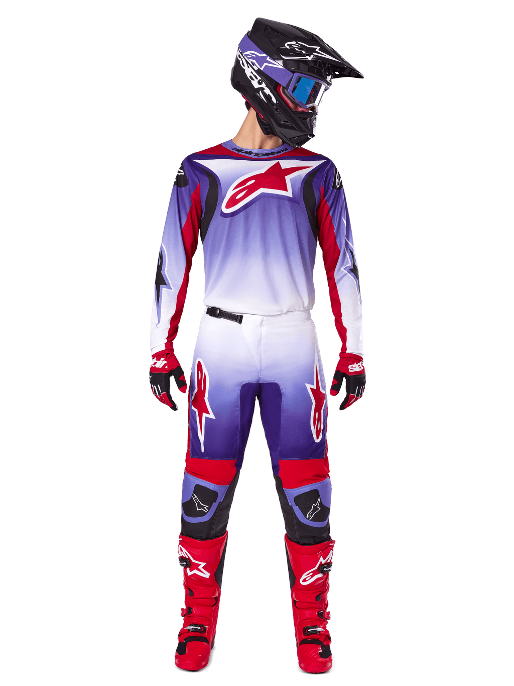 Alpinestars 2025 Fluid Wurx Gear Set, Motocross rider in purple, white, and bright red jersey and pants, black helmet with blue goggles, red motocross boots and matching gloves, athletic racing design for off-road performance