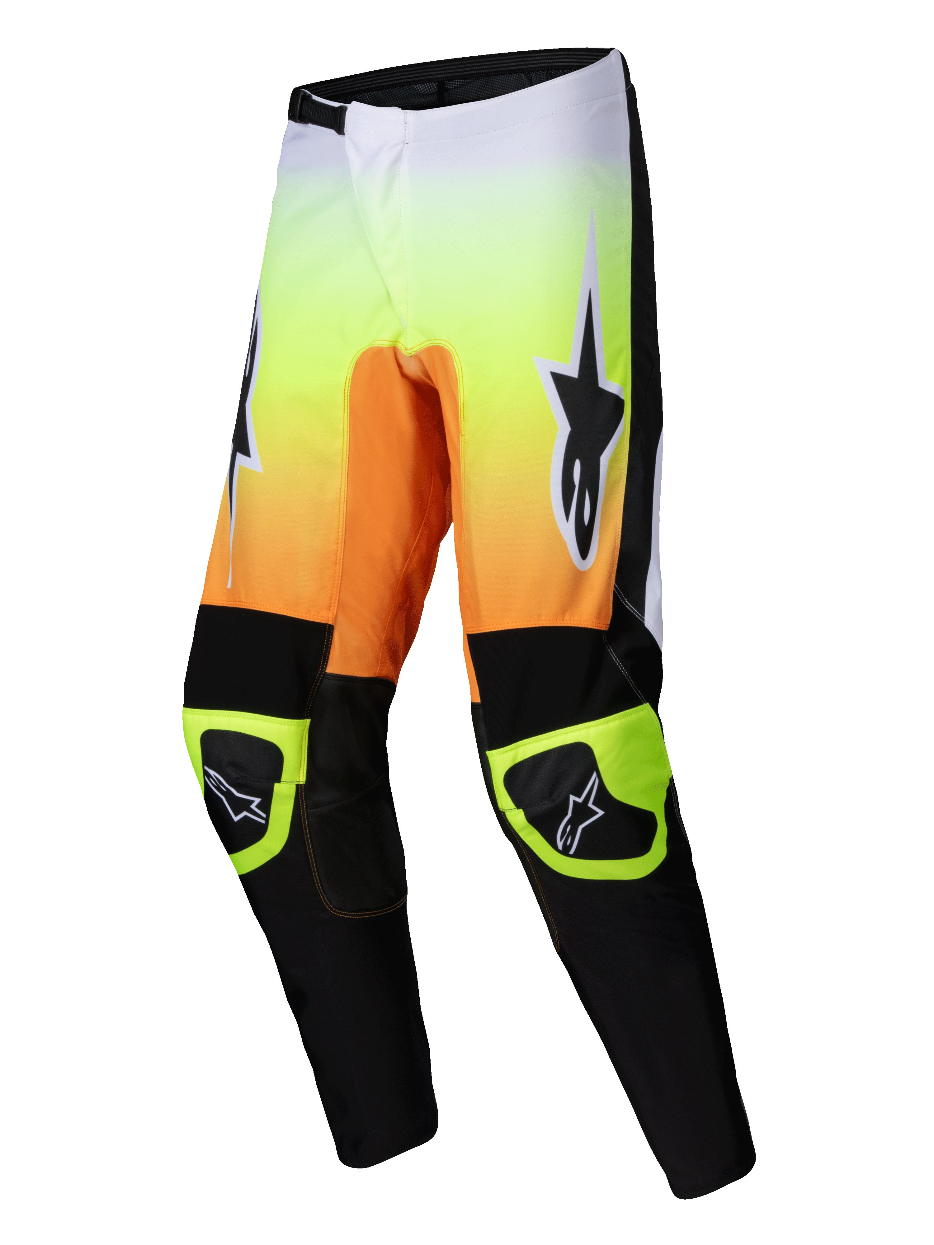 Alpinestars 2025 Fluid Wurx byxor, motocrossbyxor för herrar, gula, orange och svarta, lätt 600D-polyesterkonstruktion med förböjda ben och knän förstärkta med syntetläder