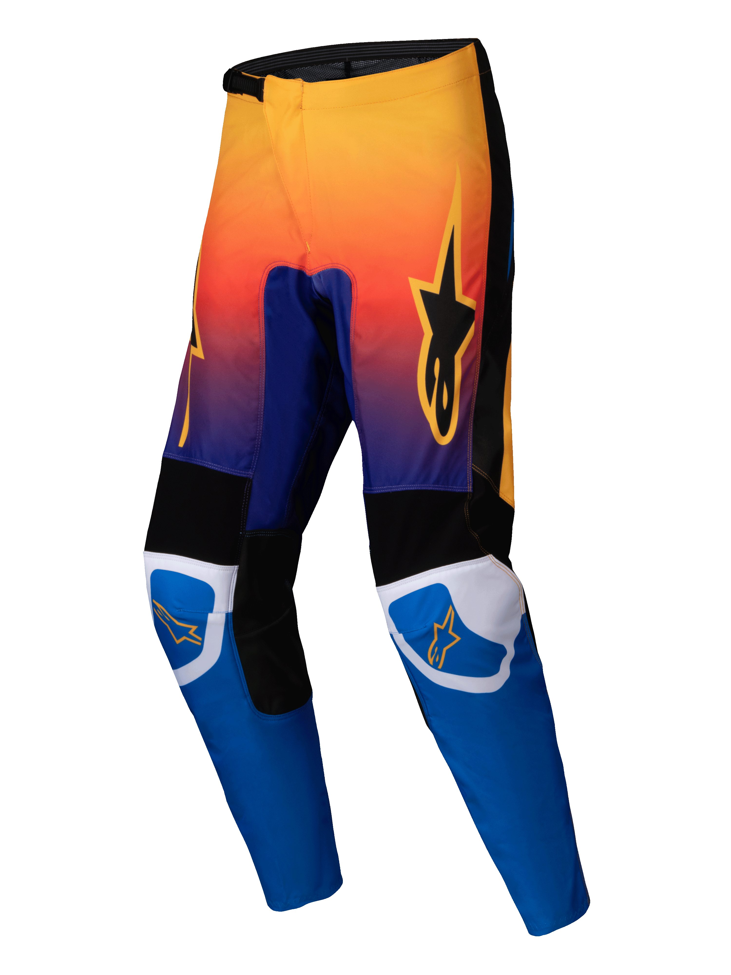 Alpinestars 2025 Fluid Wurx byxor, motocrossbyxor, flerfärgade med färgtoning från orange till lila upptill och klarblåa underben, svarta och vita förstärkta paneler, orange stjärnlogotyp på lår och knän, slitstark design för terrängkörning