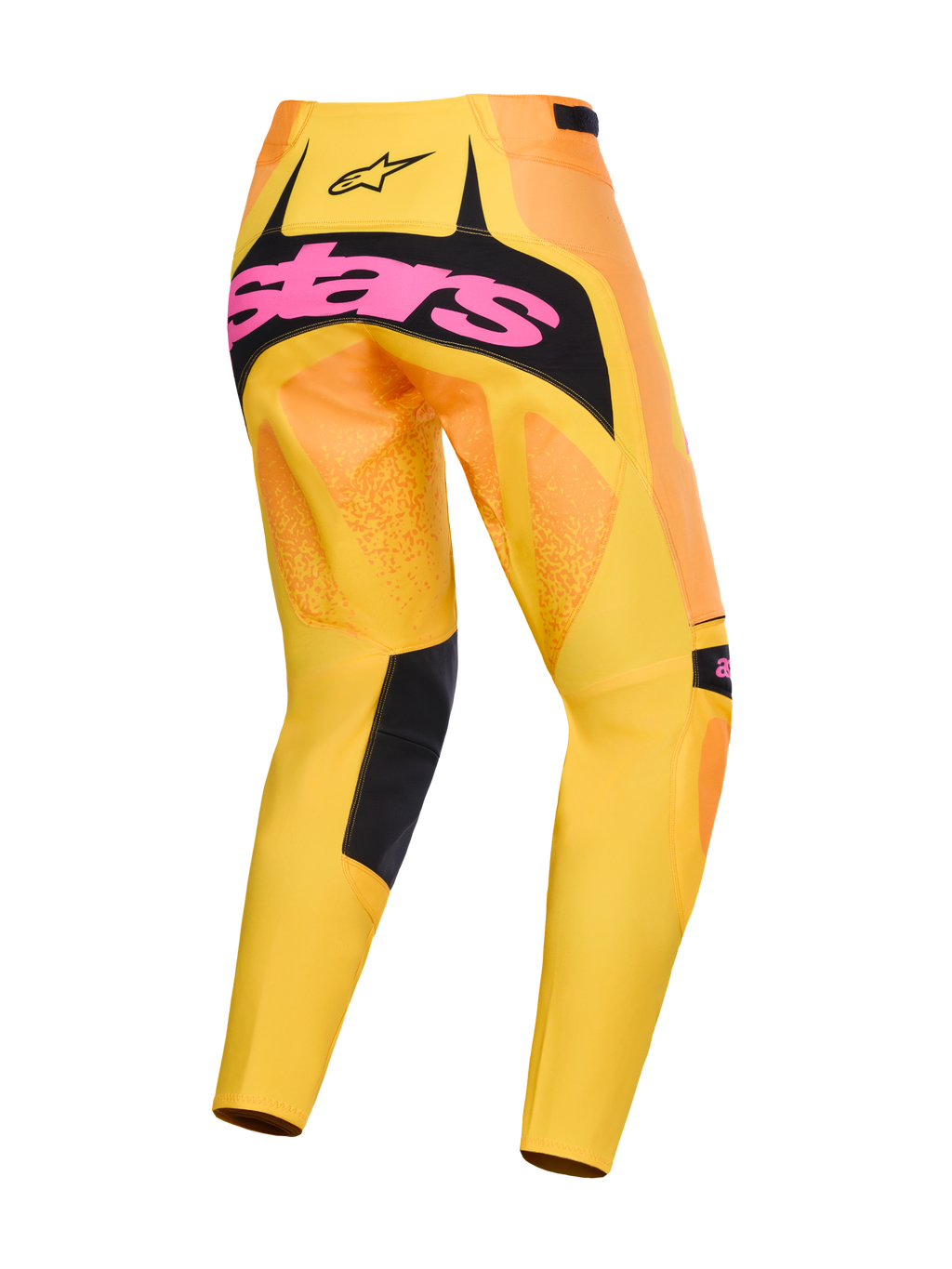 Alpinestars 2026 Techstar Nomur byxor, motocrossbyxor, orange, gul och rosa, vy bakifrån med stor rosa logotyp på en svart panel över sätet, livfull gul och orange tonad design med svarta detaljer på innerbenen, högpresterande racingutrustning för terrängkörning