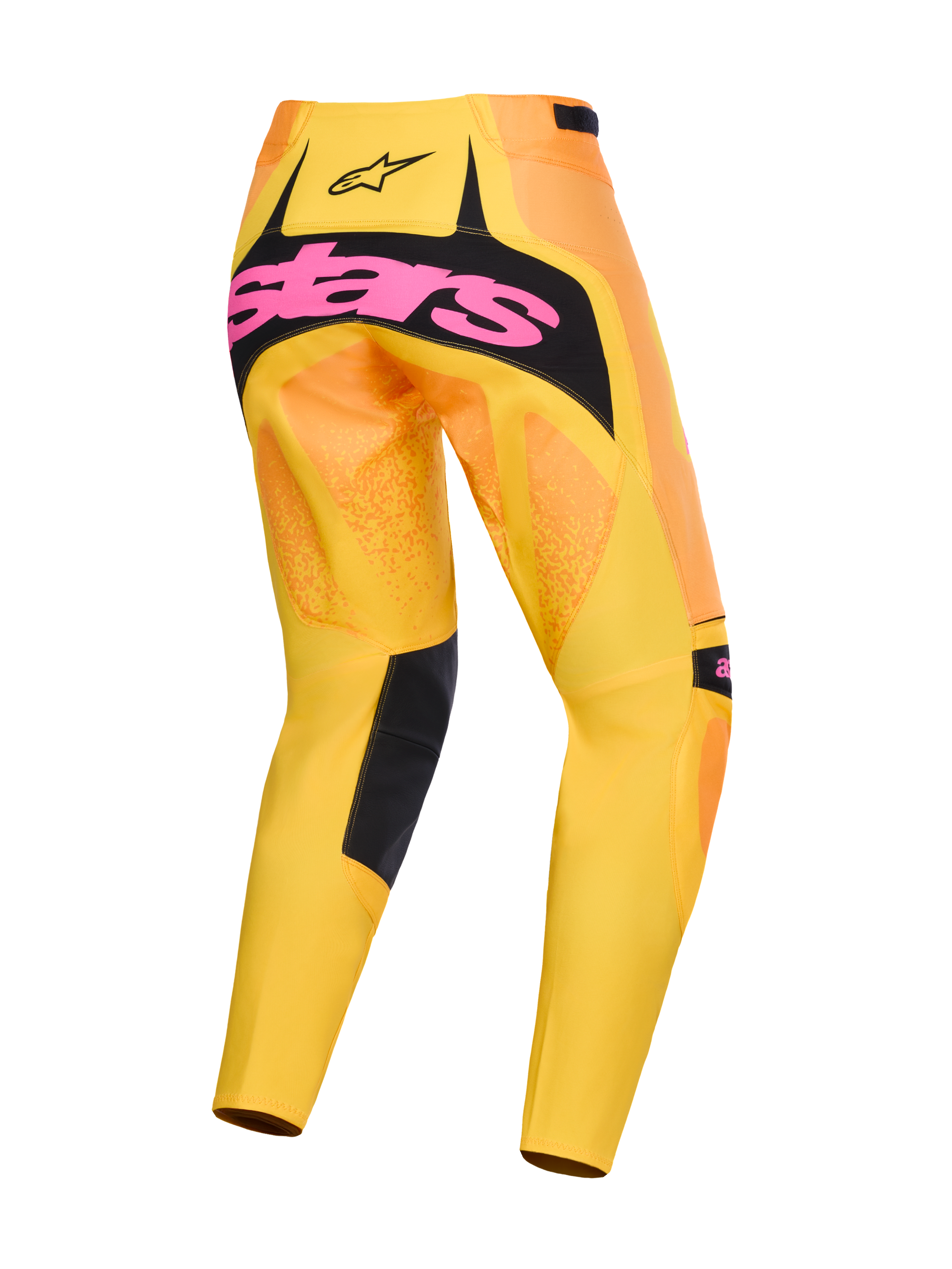 Alpinestars 2026 Techstar Nomur byxor, motocrossbyxor, orange, gul och rosa, vy bakifrån med stor rosa logotyp på en svart panel över sätet, livfull gul och orange tonad design med svarta detaljer på innerbenen, högpresterande racingutrustning för terrängkörning