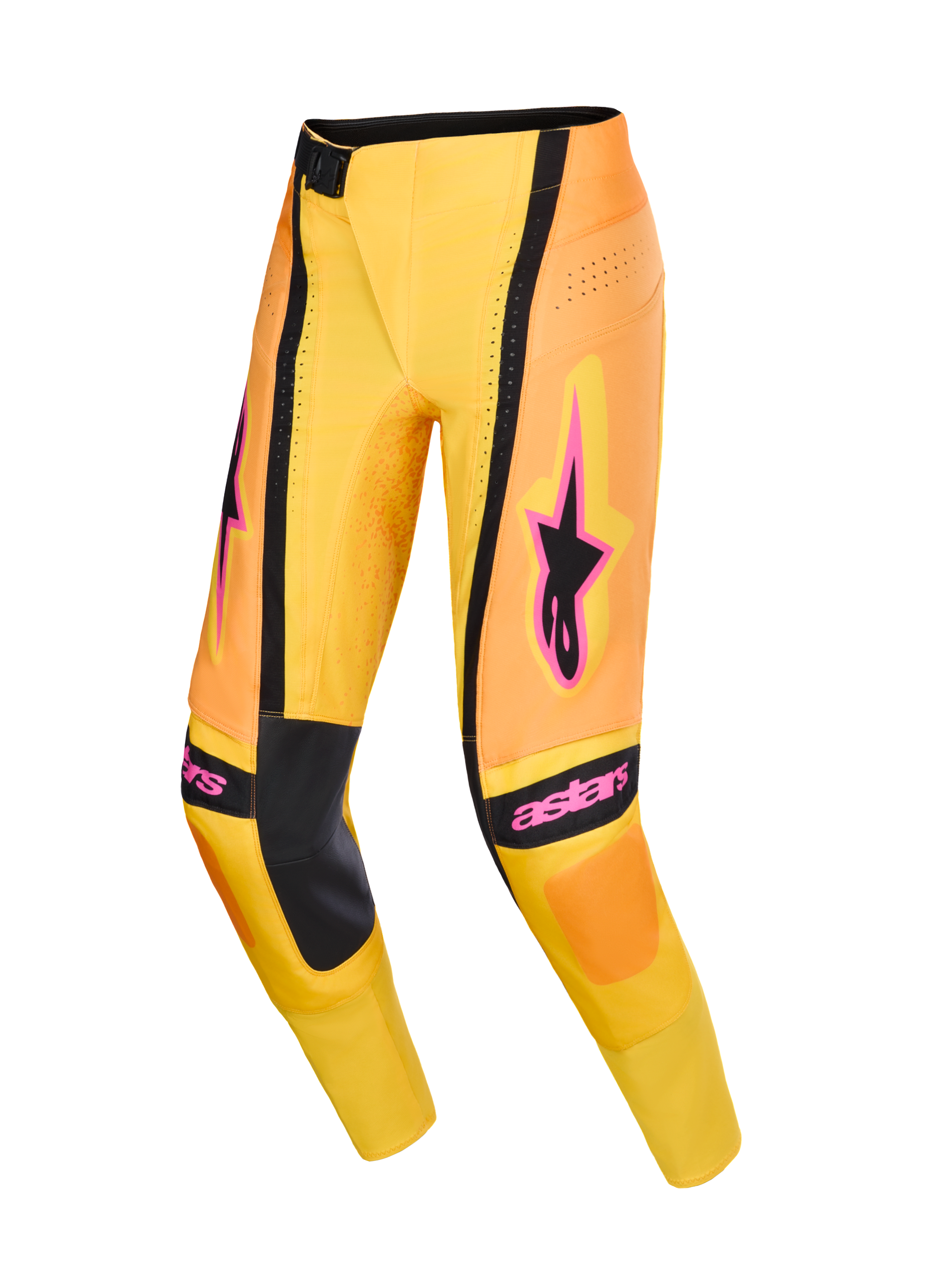 Alpinestars 2026 Techstar Nomur-byxor, motocrossbyxor, orange, gula och rosa, med svarta paneler på insidan av knäna och framträdande rosa Alpinestars-logotyper, teknisk design med ventilationsperforeringar och atletisk tävlingspassform, högpresterande utrustning för terrängkörning